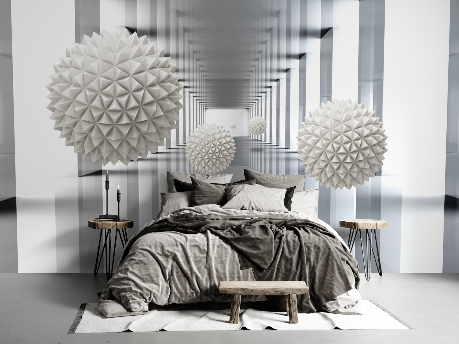 Fotobehang perspectieftunnel, verlicht en versierd met ballonnen