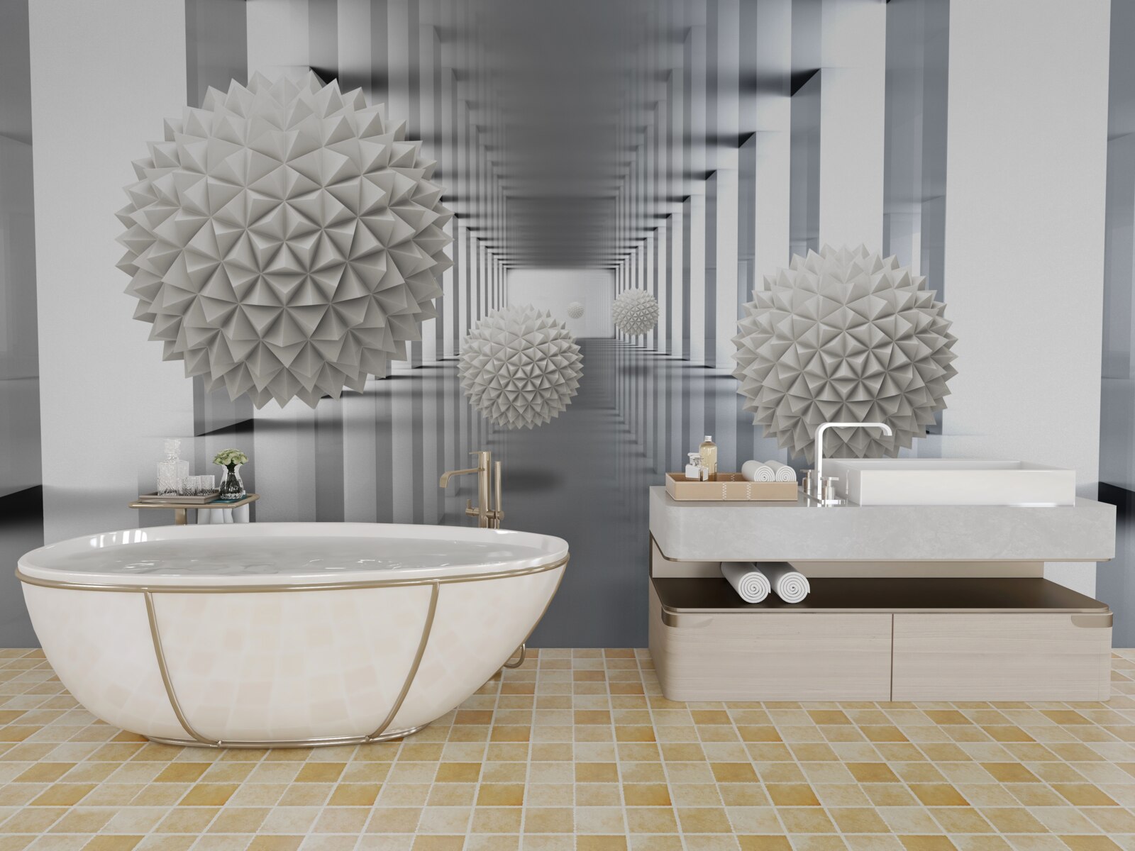 Fotobehang perspectieftunnel, verlicht en versierd met ballonnen