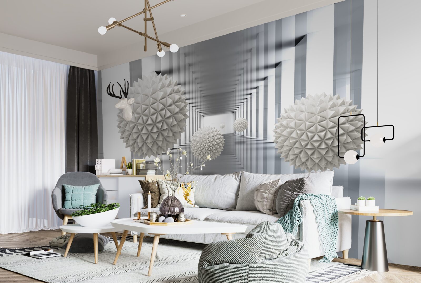 Fotobehang perspectieftunnel, verlicht en versierd met ballonnen