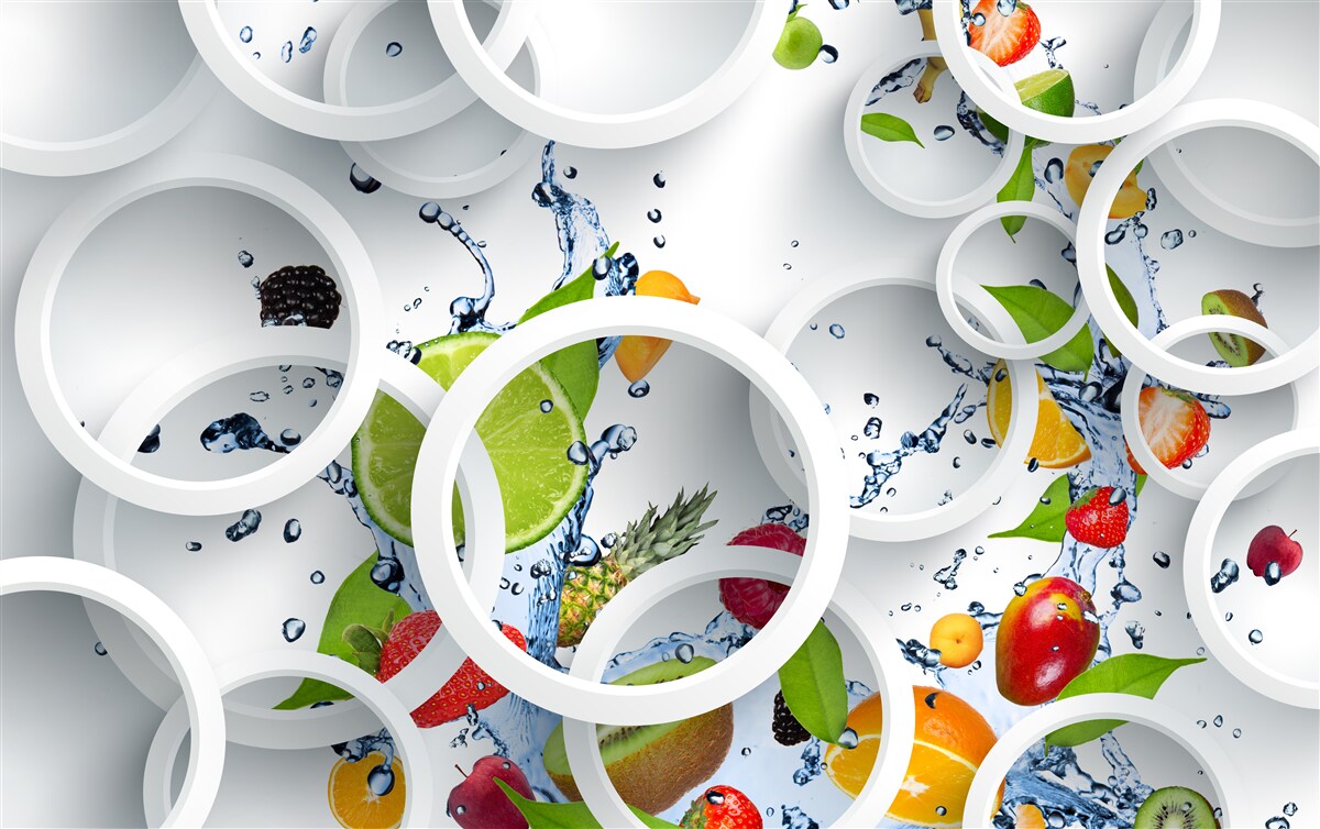 Fotobehang ronde waterdruppels op zomerfruit