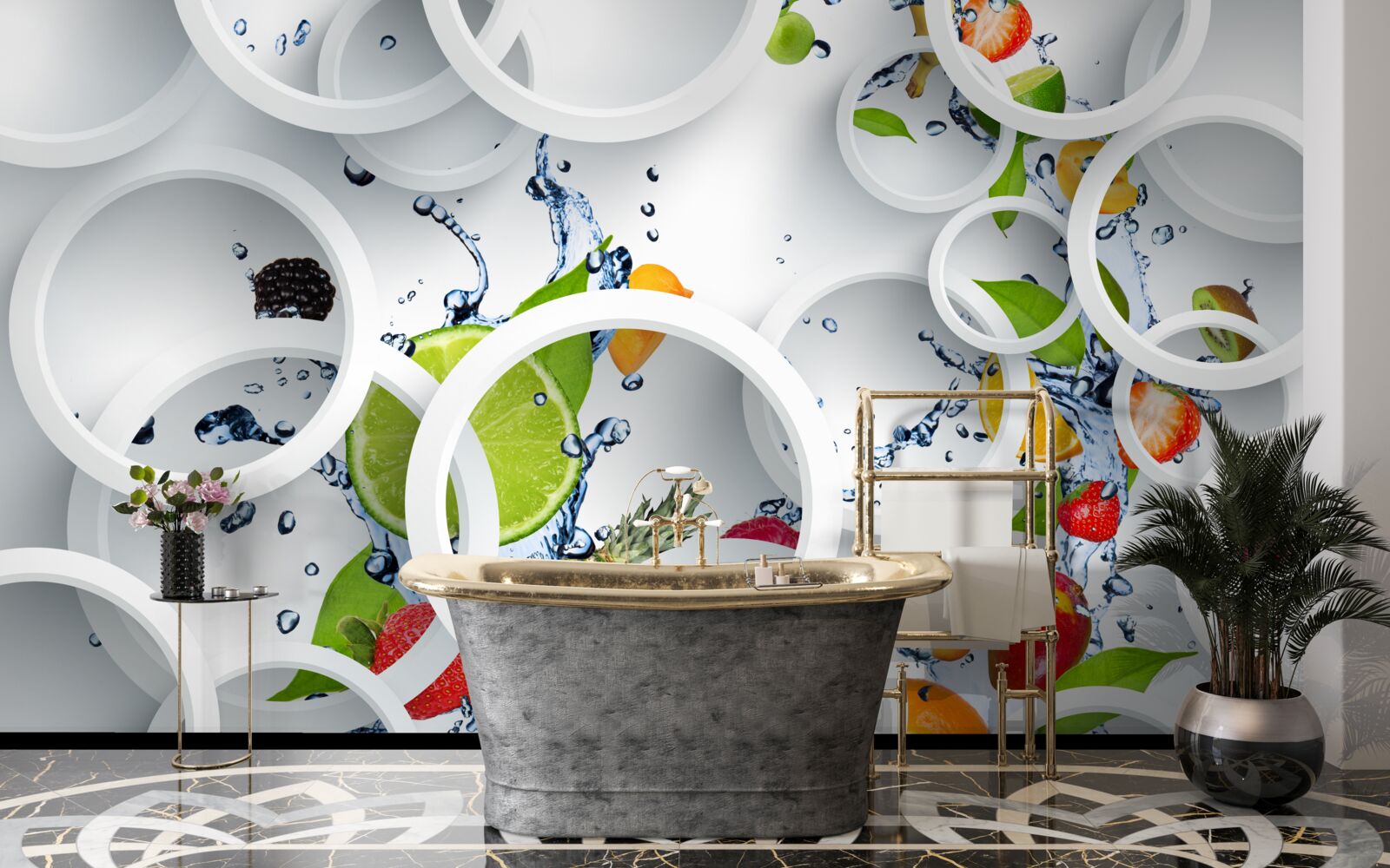 Fotobehang ronde waterdruppels op zomerfruit