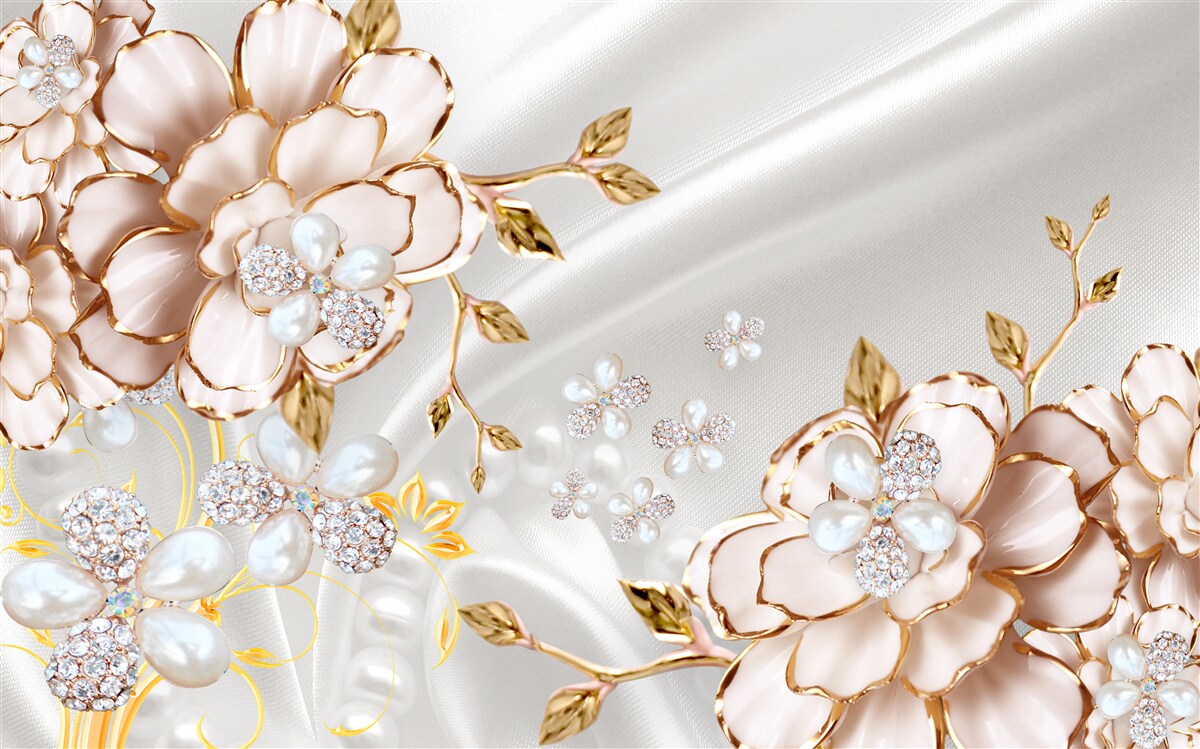 Fotobehang pioenrozen ingelegd met parels in gouden tinten