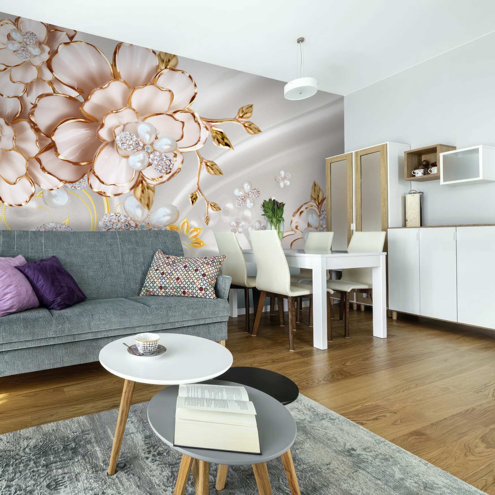 Fotobehang pioenrozen ingelegd met parels in gouden tinten