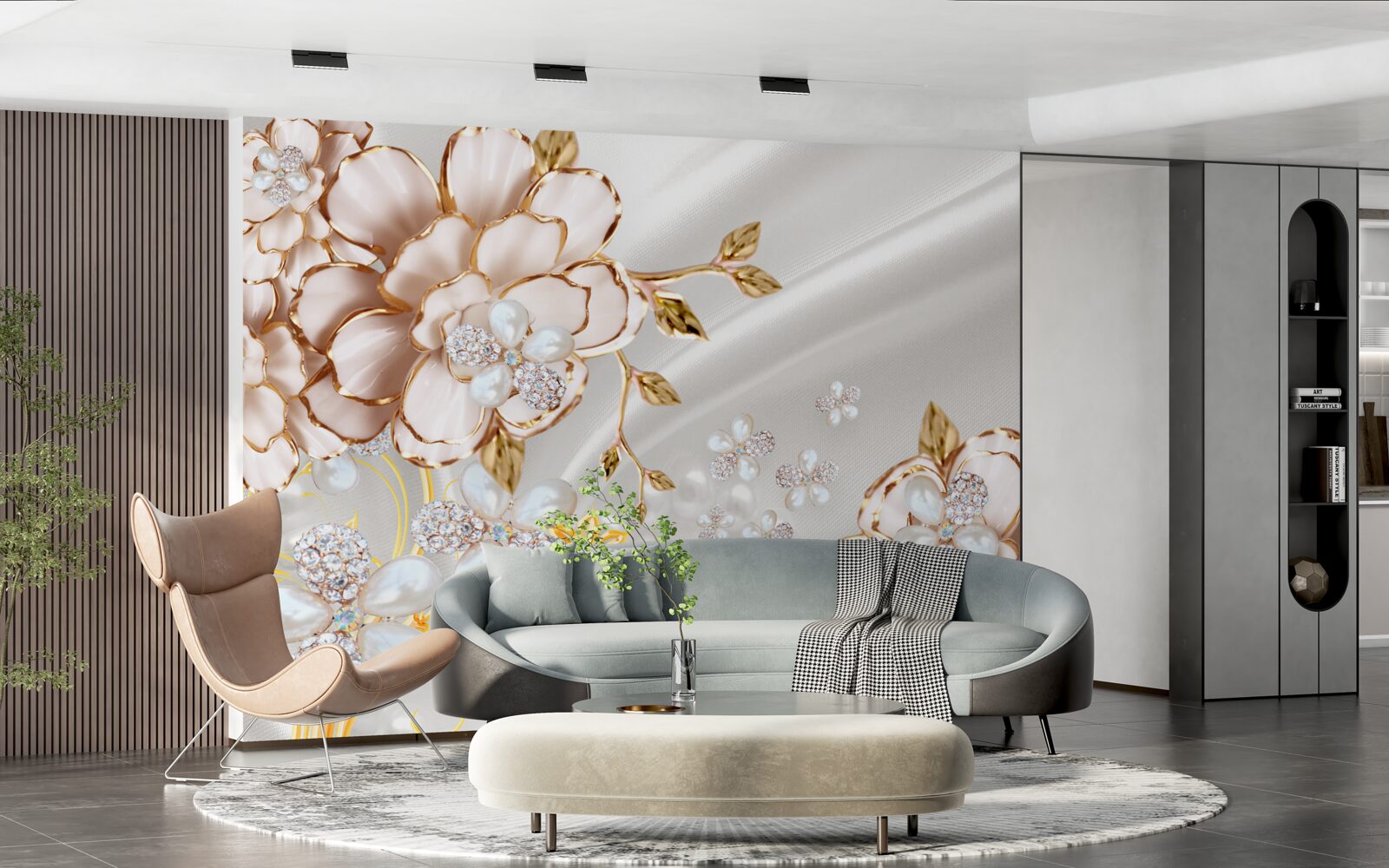 Fotobehang pioenrozen ingelegd met parels in gouden tinten