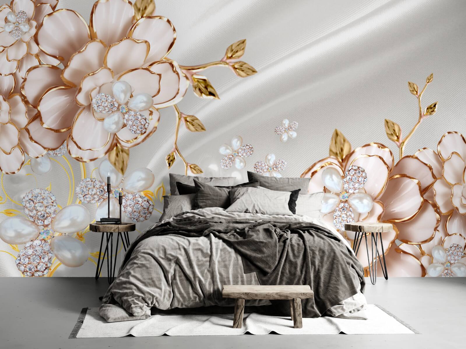 Fotobehang pioenrozen ingelegd met parels in gouden tinten