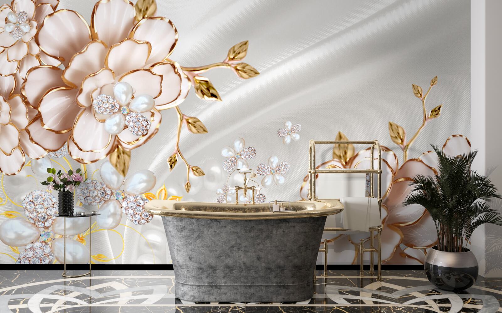 Fotobehang pioenrozen ingelegd met parels in gouden tinten