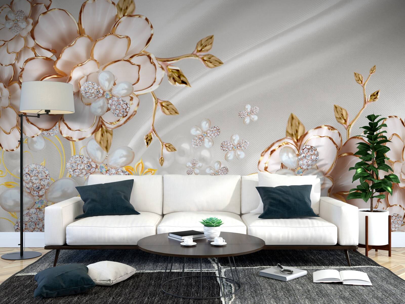 Fotobehang pioenrozen ingelegd met parels in gouden tinten