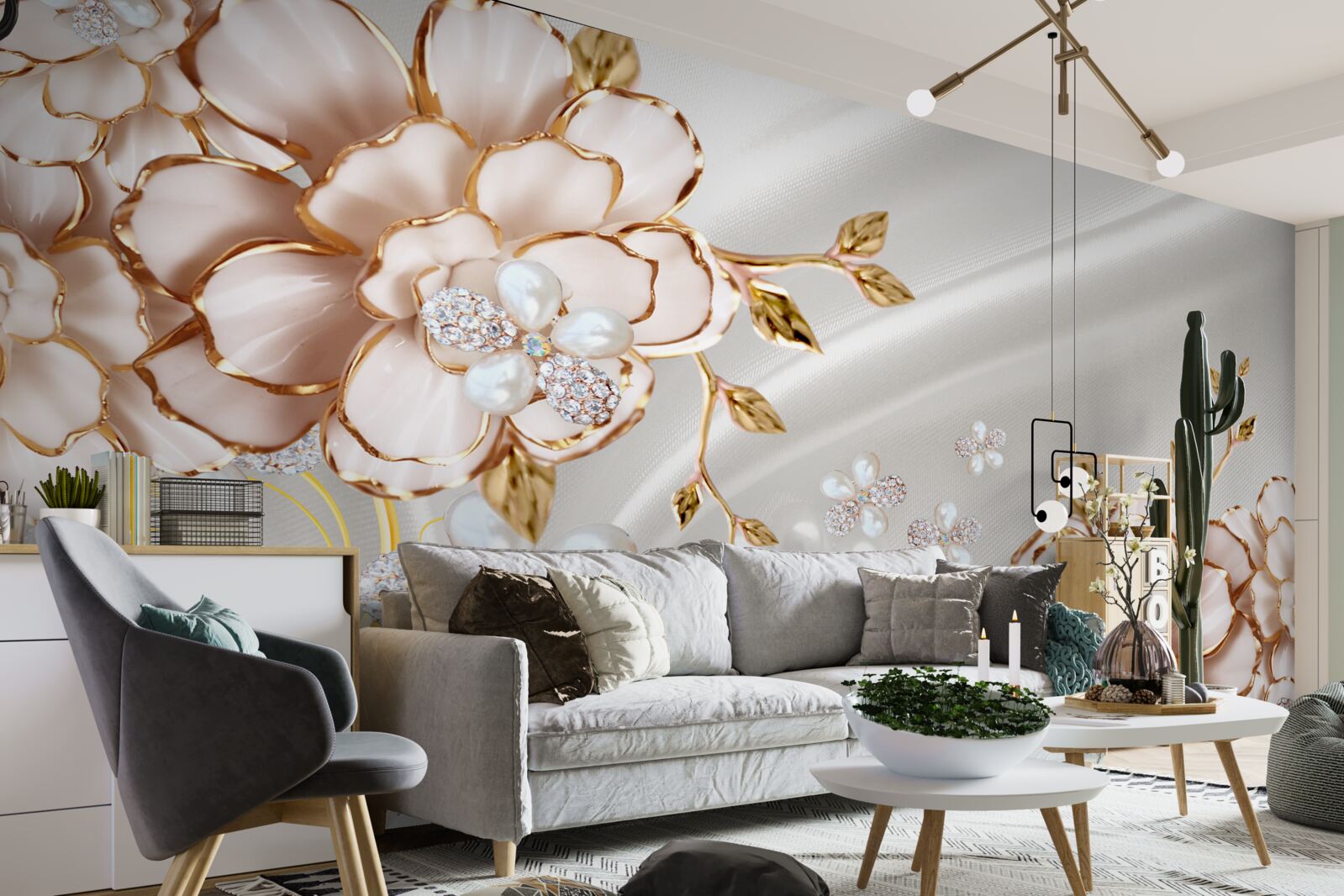 Fotobehang pioenrozen ingelegd met parels in gouden tinten