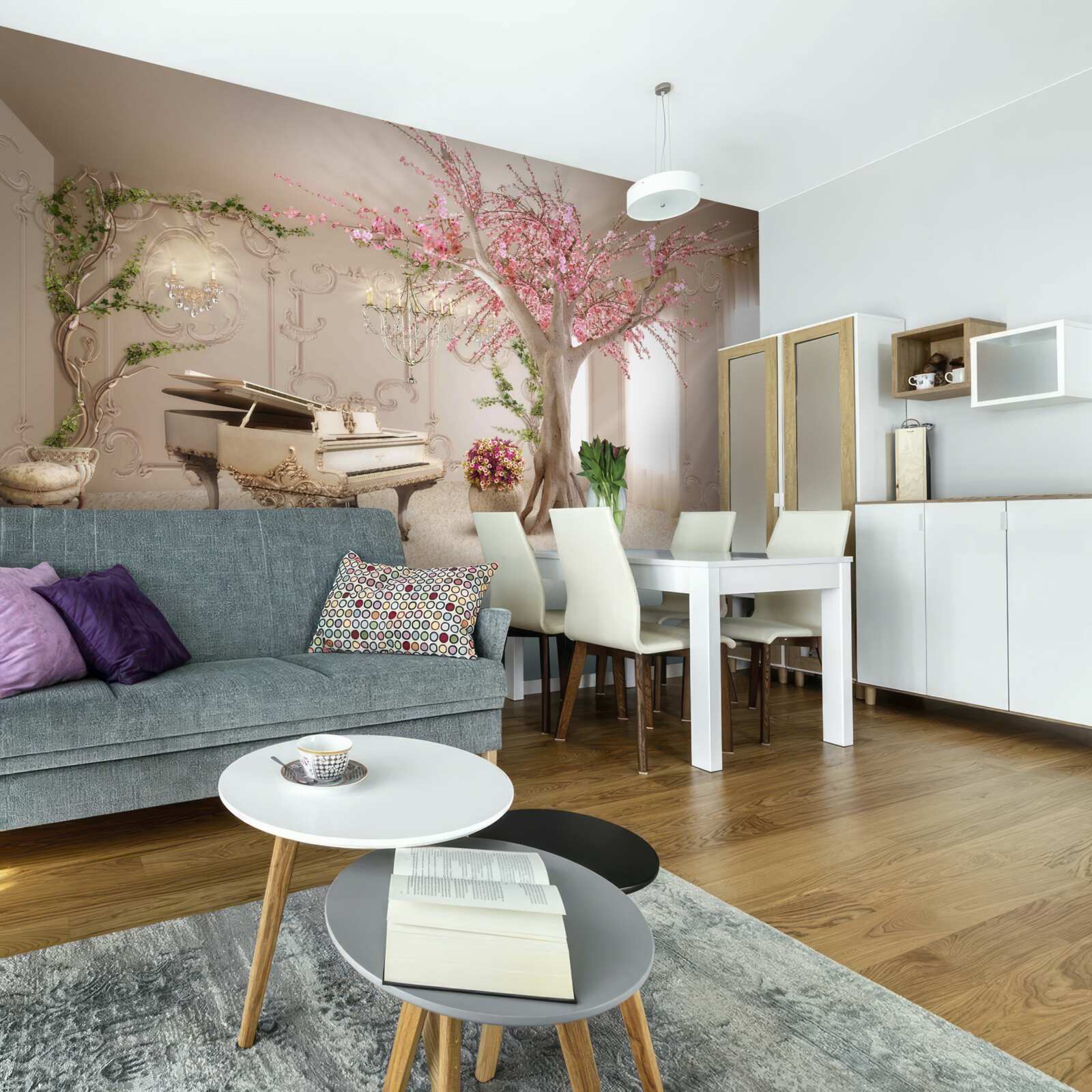 Fotobehang magische woonkamer met sakuraboom