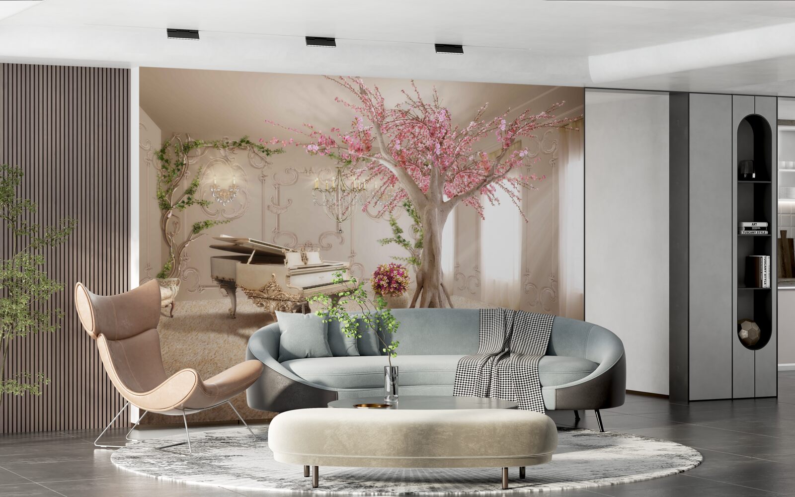 Fotobehang magische woonkamer met sakuraboom