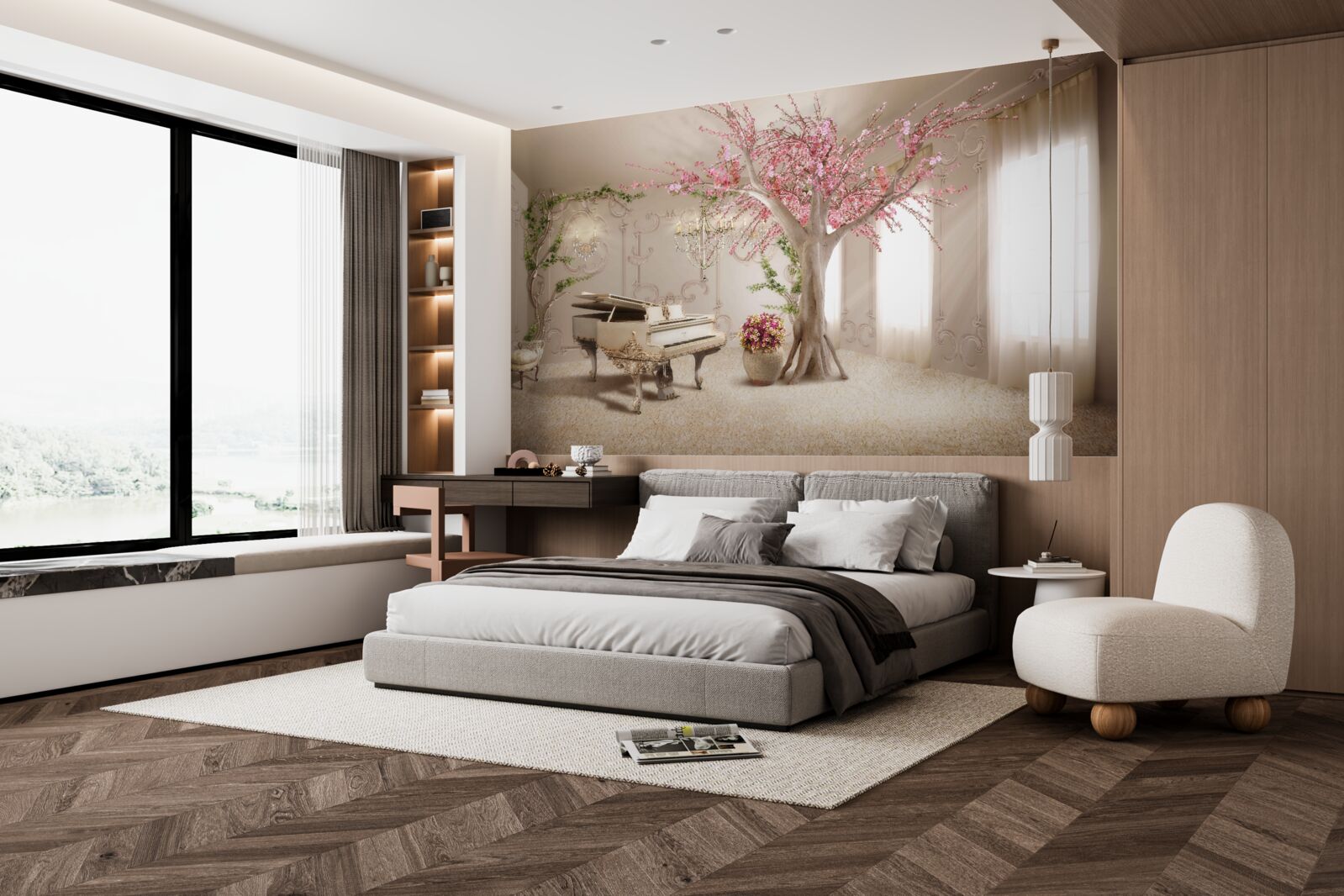 Fotobehang magische woonkamer met sakuraboom