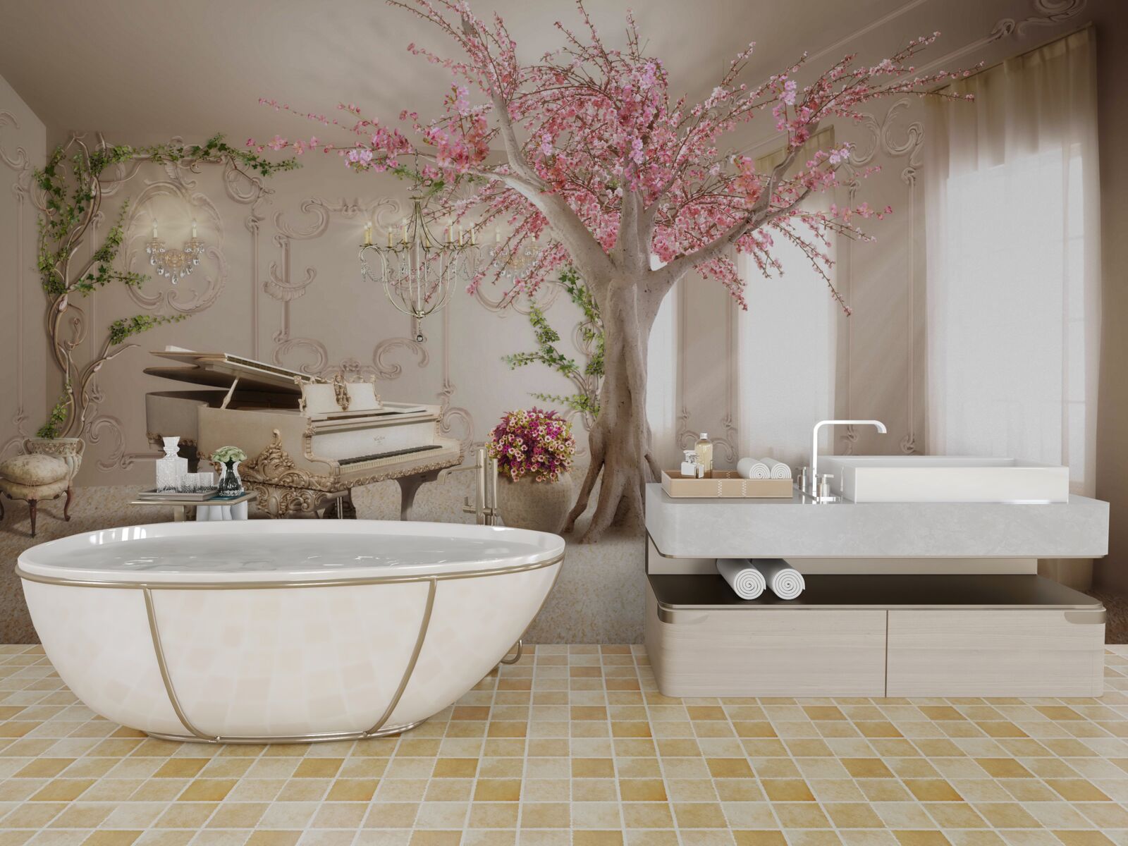 Fotobehang magische woonkamer met sakuraboom