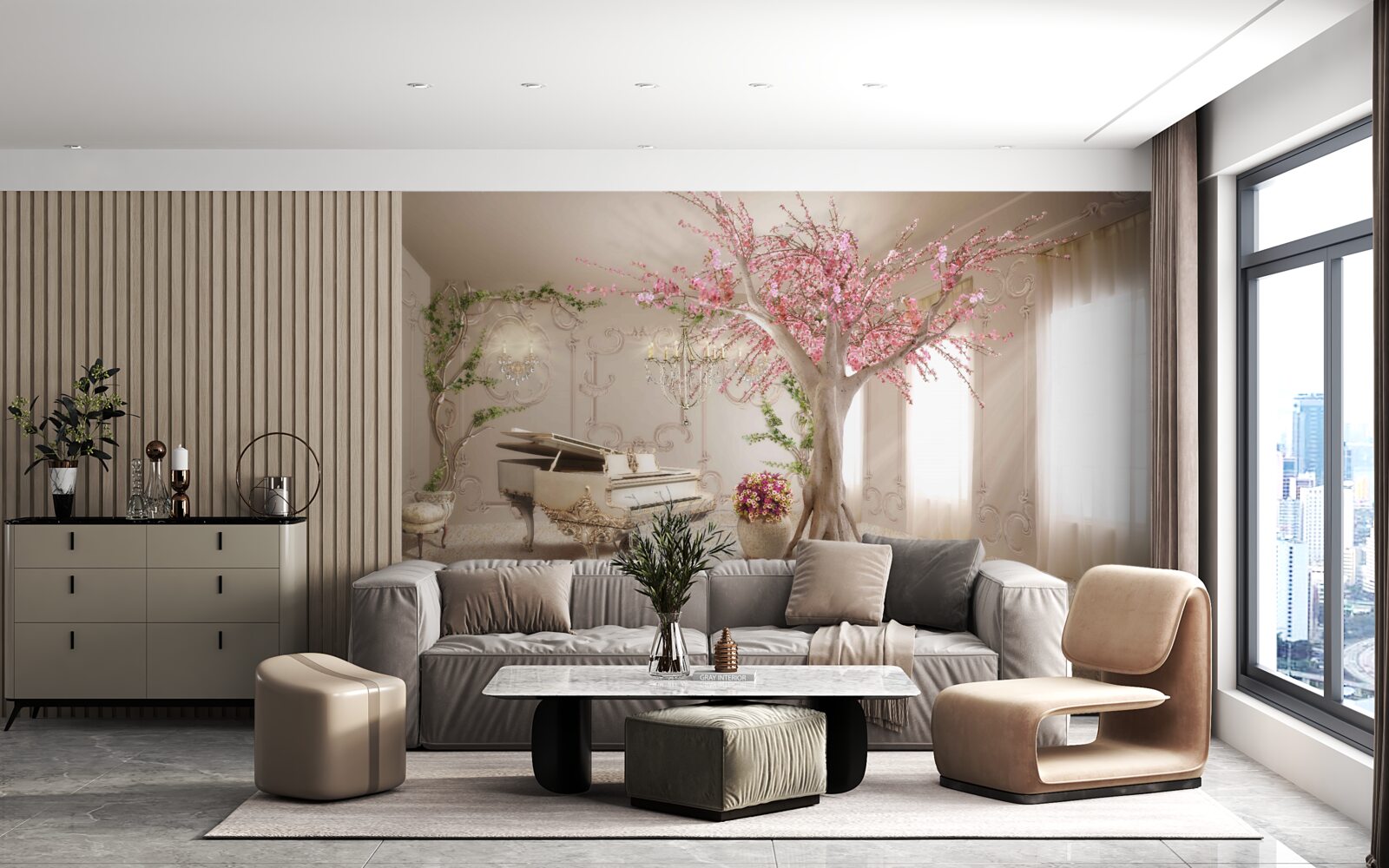 Fotobehang magische woonkamer met sakuraboom