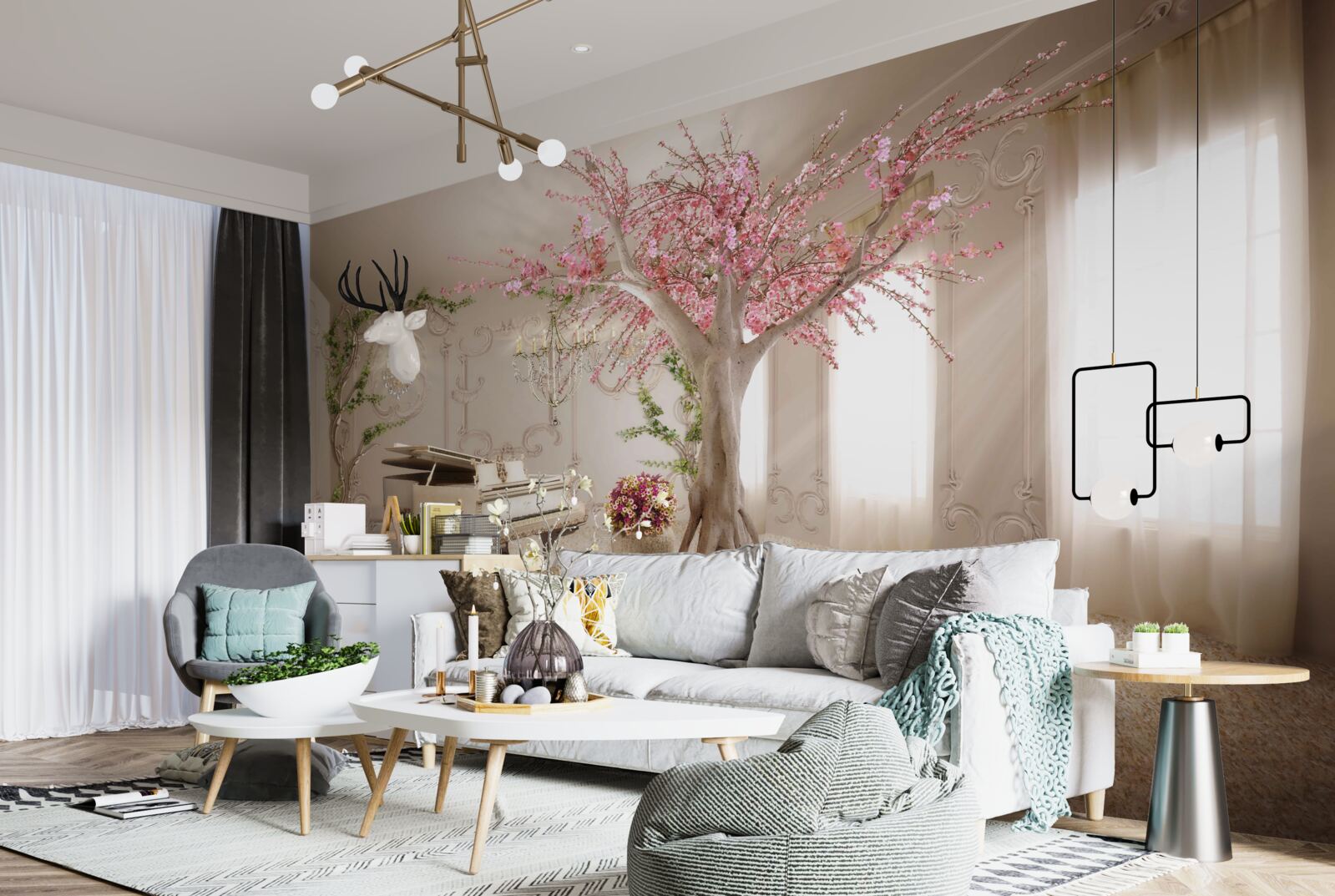 Fotobehang magische woonkamer met sakuraboom