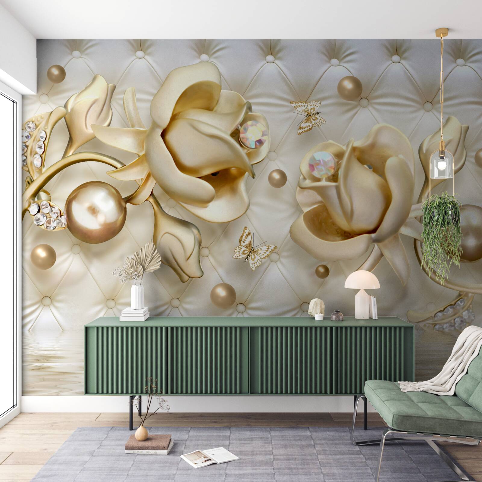 Fotobehang ruitvormige rozen in goud