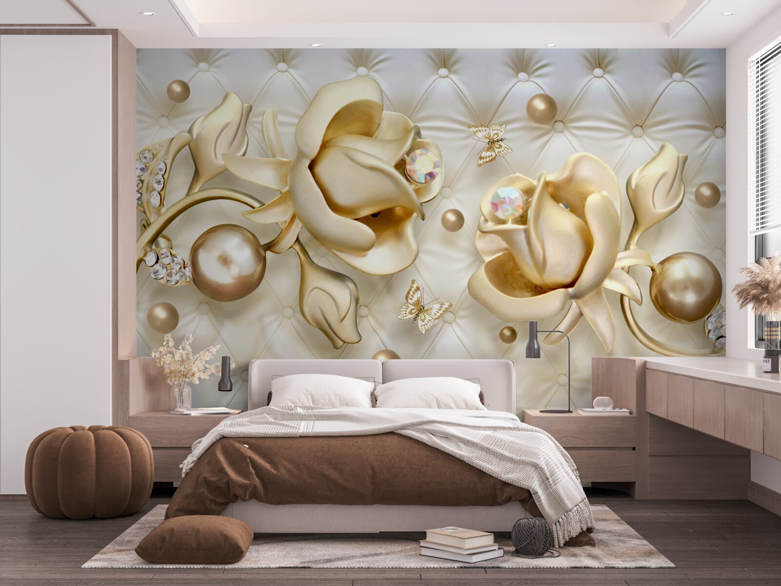 Fotobehang ruitvormige rozen in goud