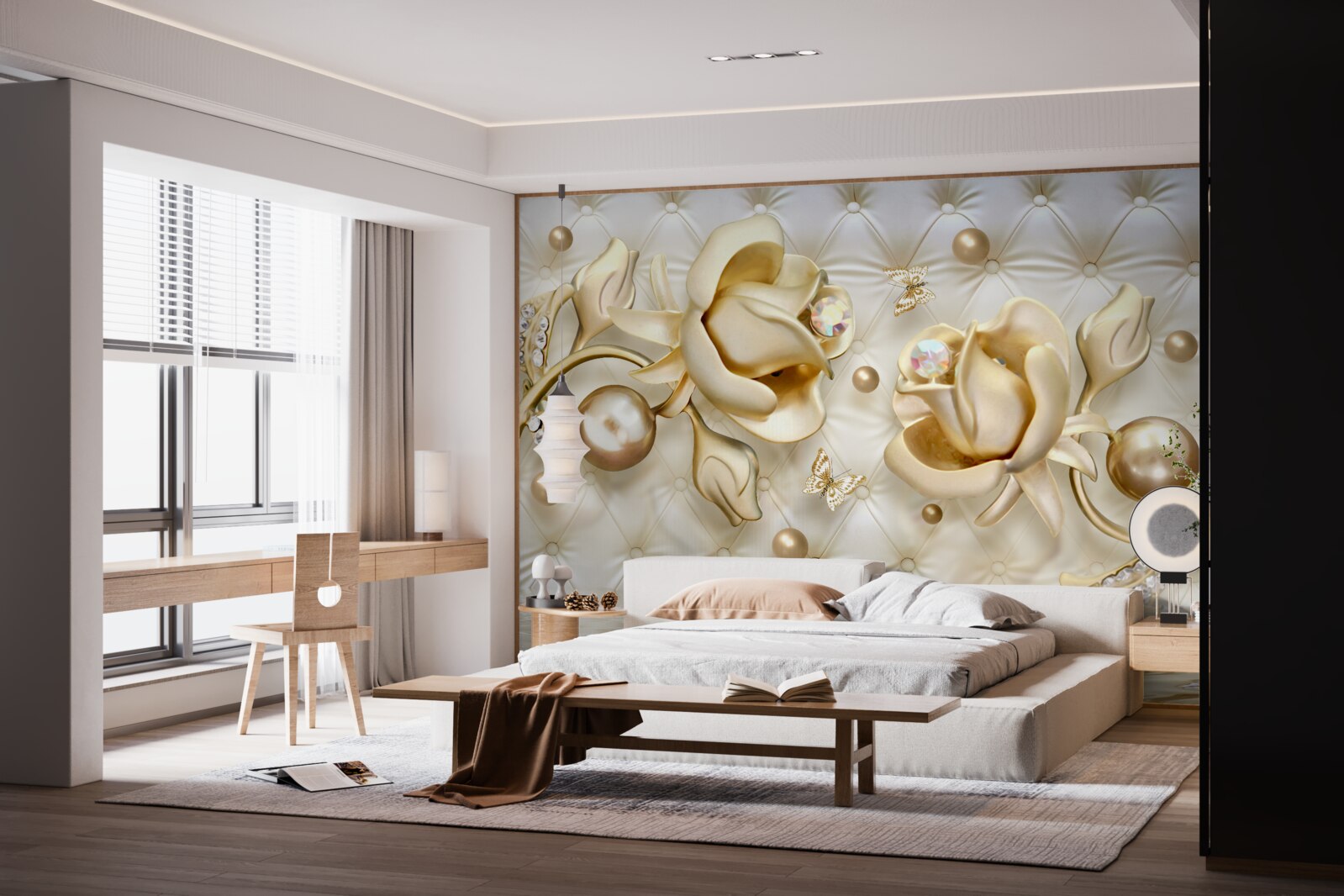 Fotobehang ruitvormige rozen in goud