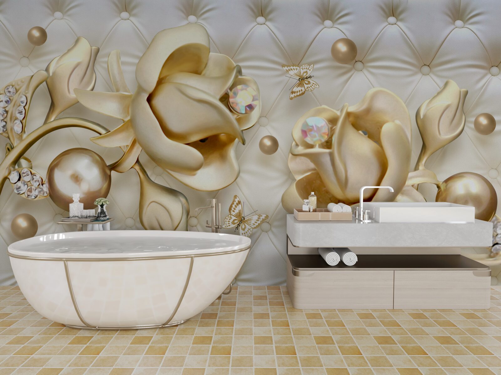 Fotobehang ruitvormige rozen in goud