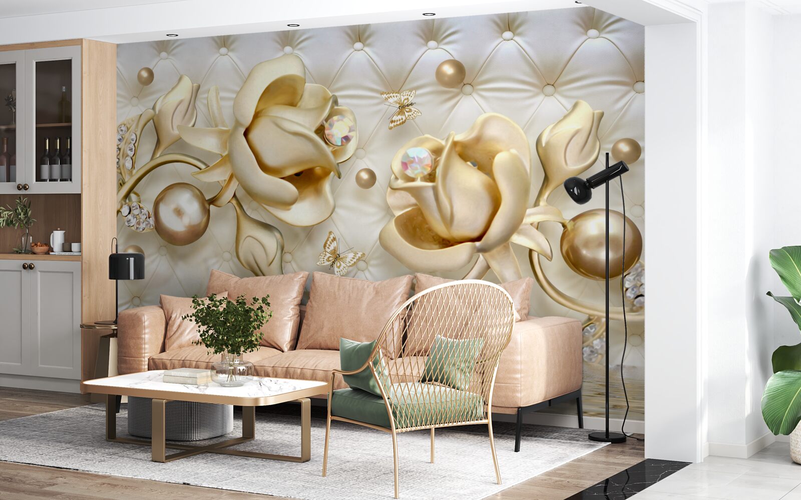 Fotobehang ruitvormige rozen in goud