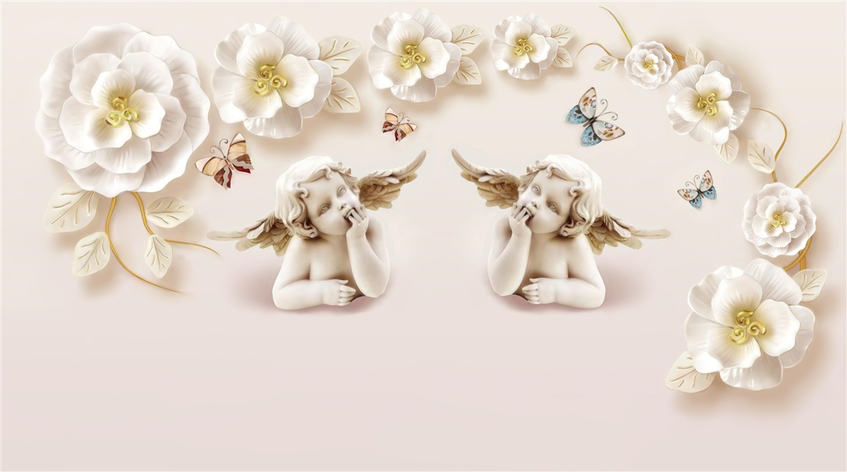Fotobehang een paar engelen, sneeuwwitte rozen en motten
