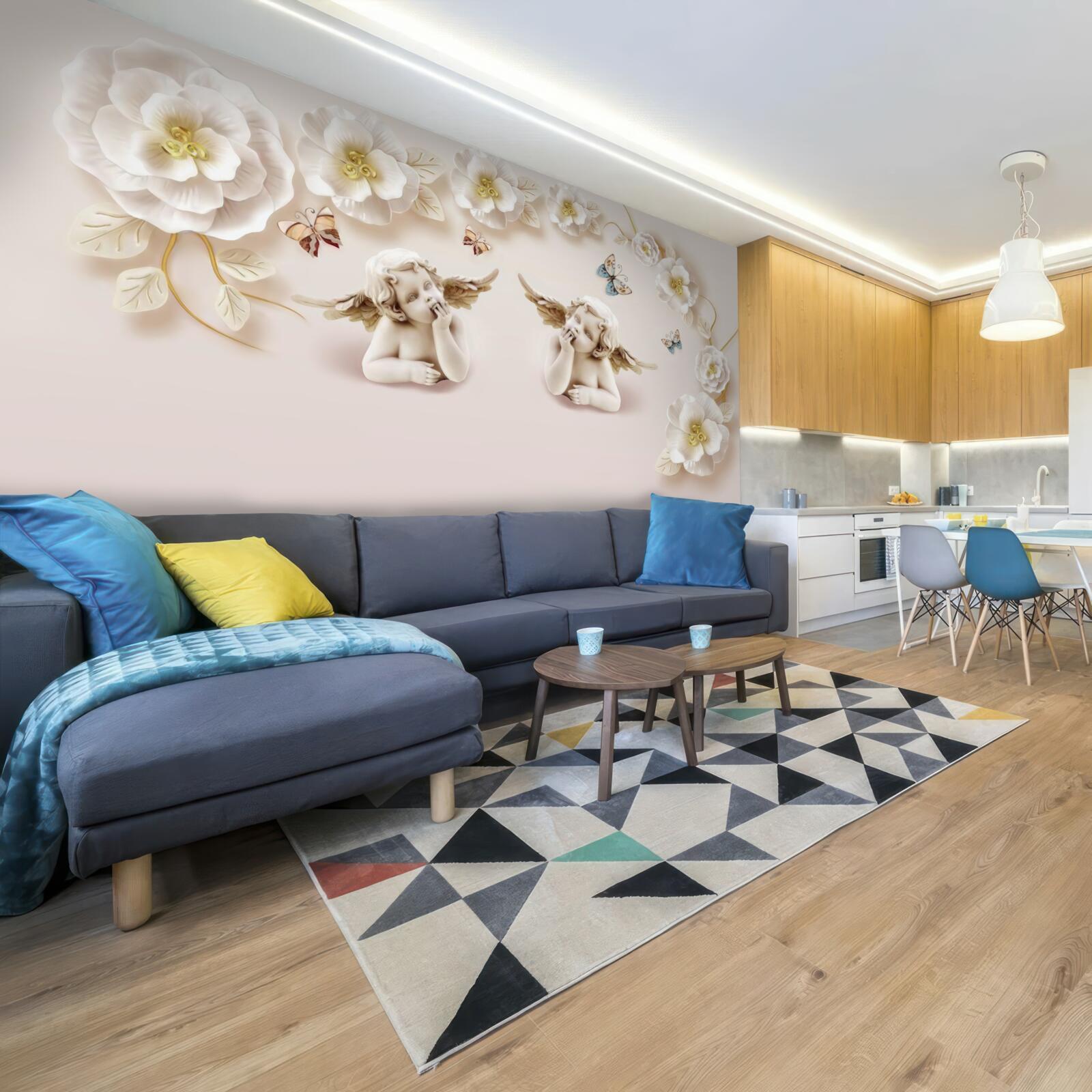 Fotobehang een paar engelen, sneeuwwitte rozen en motten