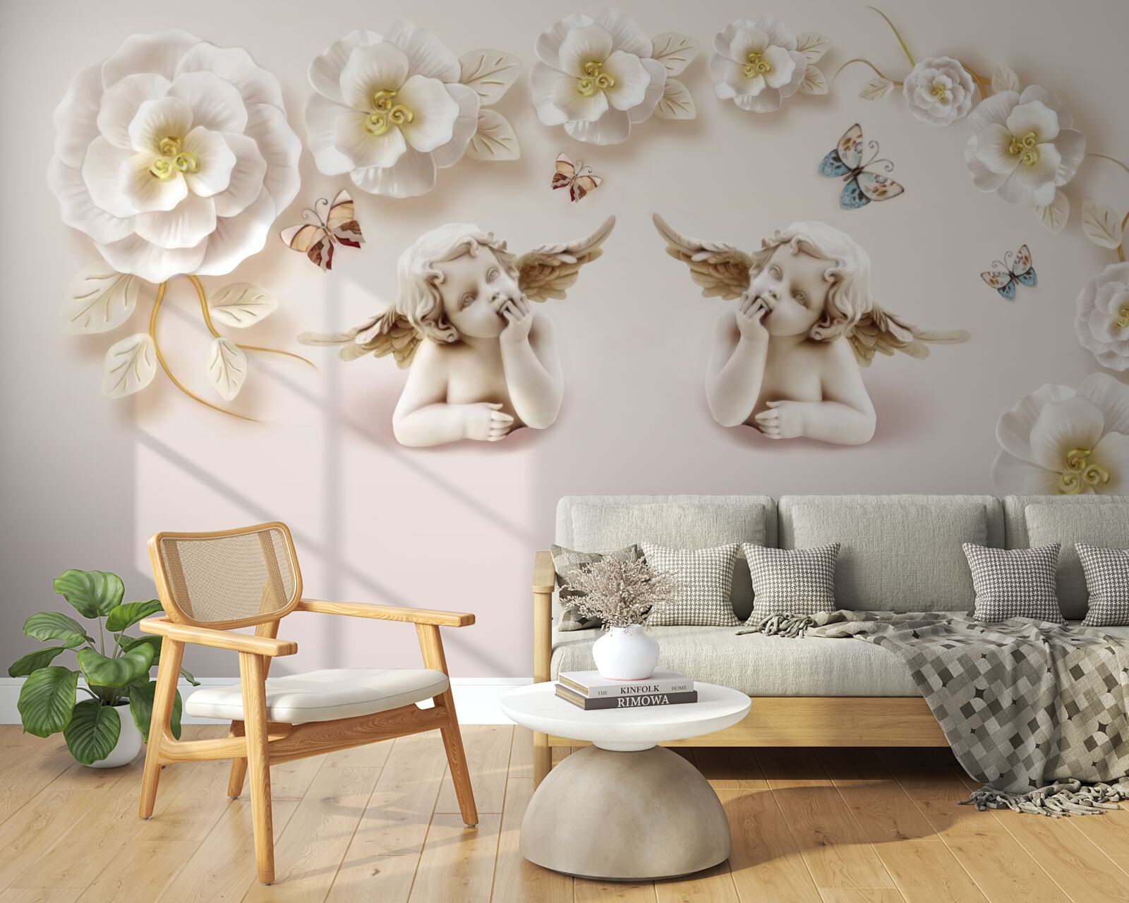 Fotobehang een paar engelen, sneeuwwitte rozen en motten