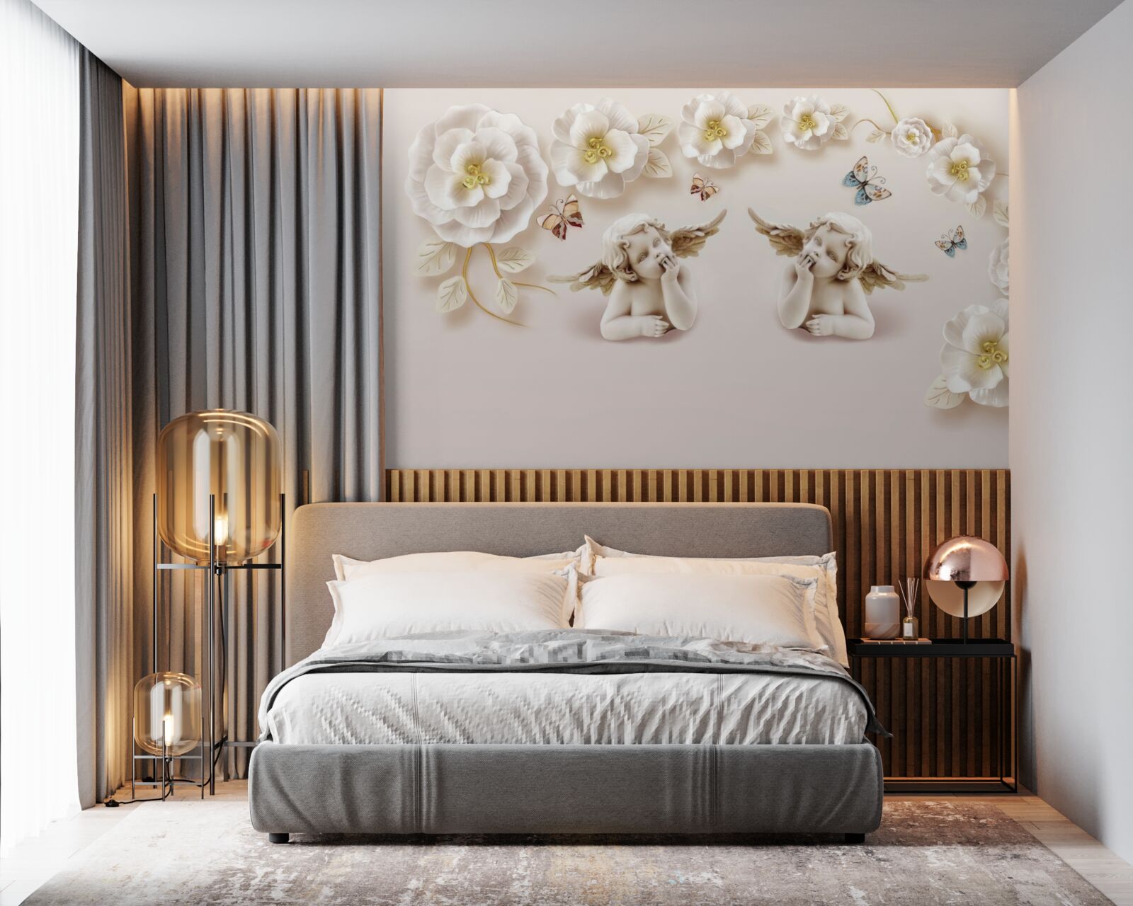 Fotobehang een paar engelen, sneeuwwitte rozen en motten