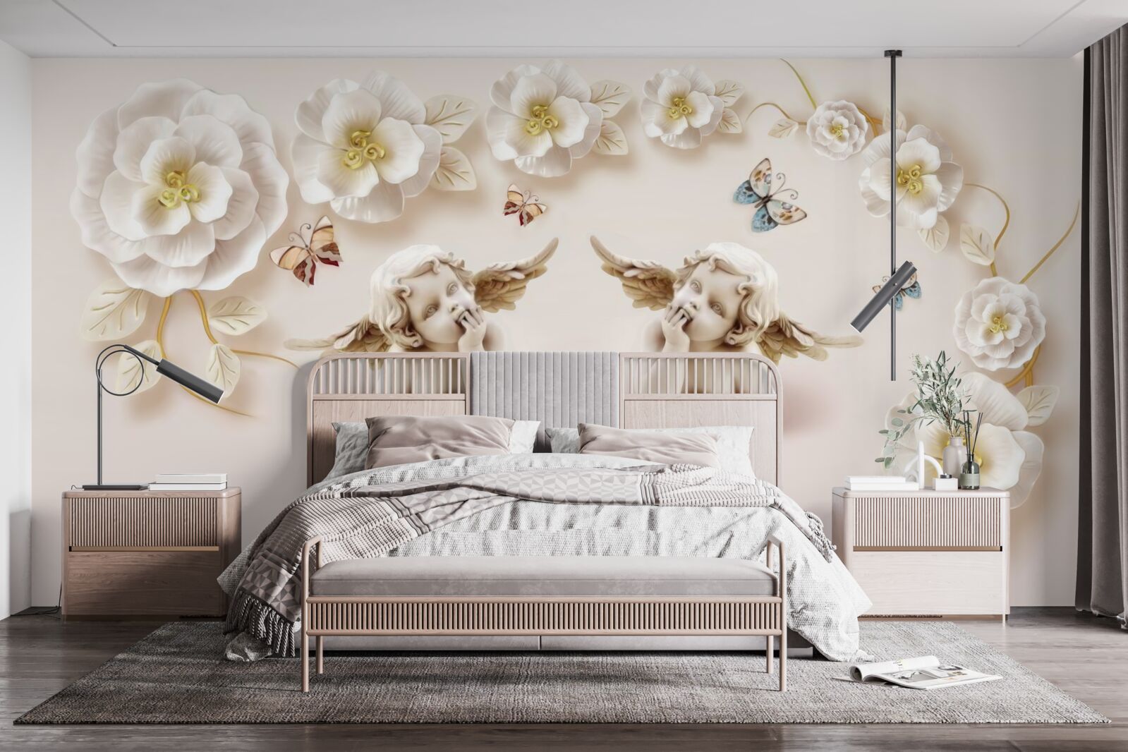 Fotobehang een paar engelen, sneeuwwitte rozen en motten