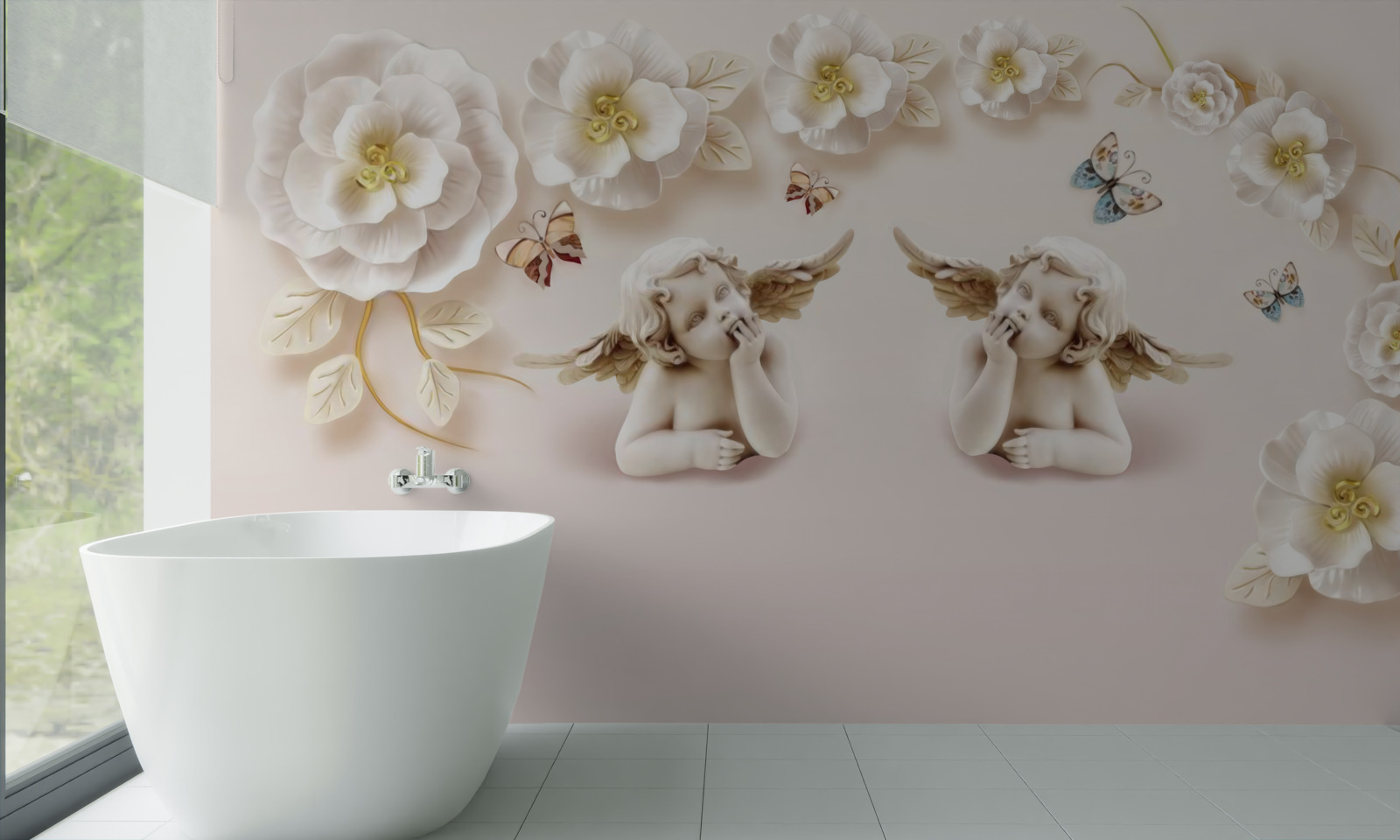 Fotobehang een paar engelen, sneeuwwitte rozen en motten