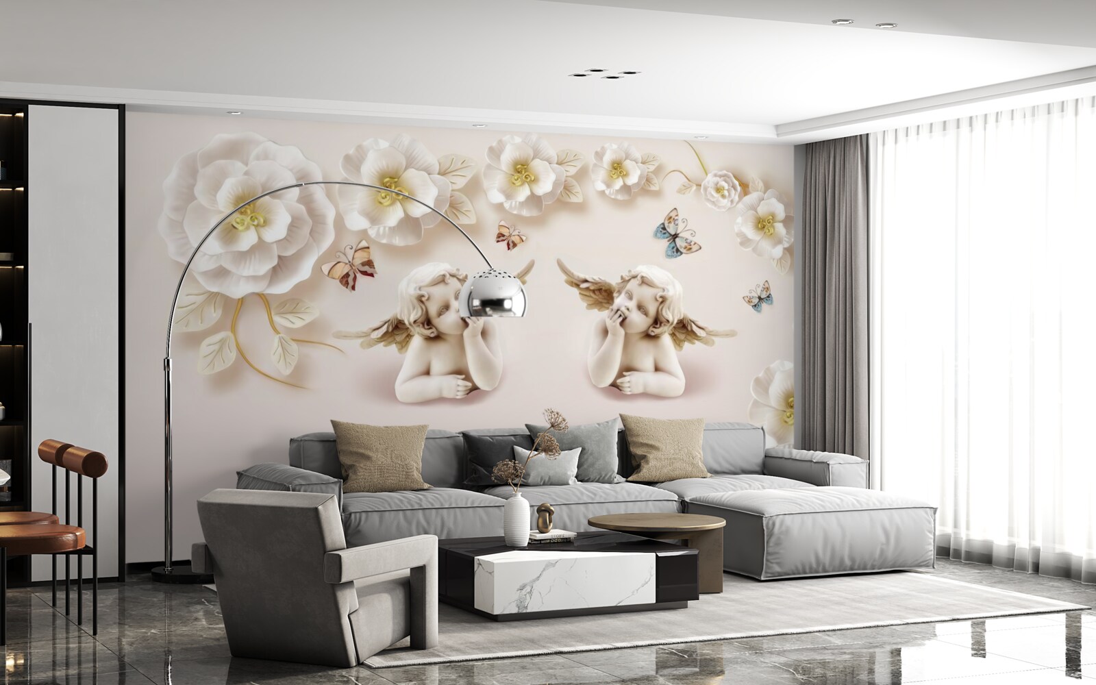 Fotobehang een paar engelen, sneeuwwitte rozen en motten