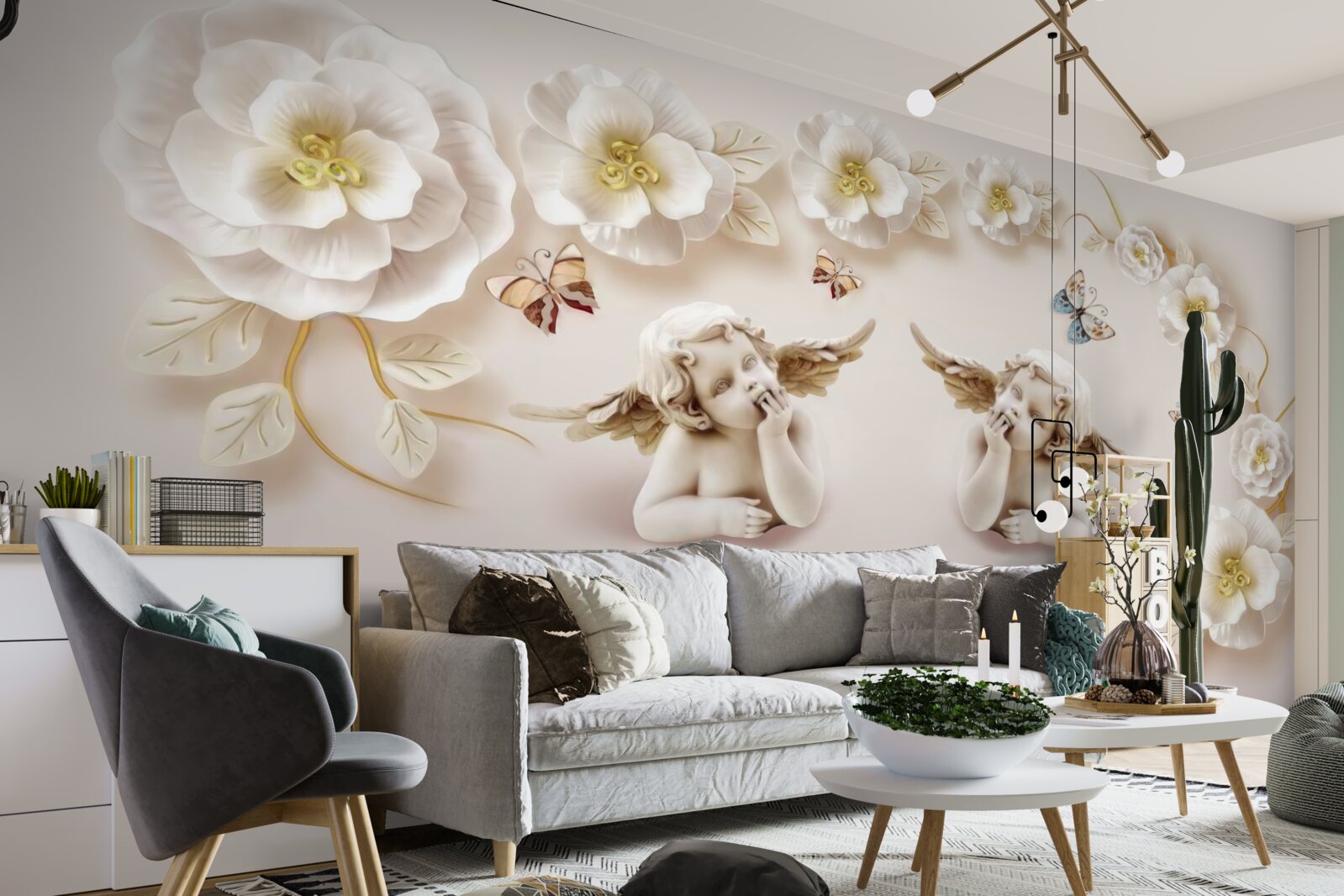 Fotobehang een paar engelen, sneeuwwitte rozen en motten