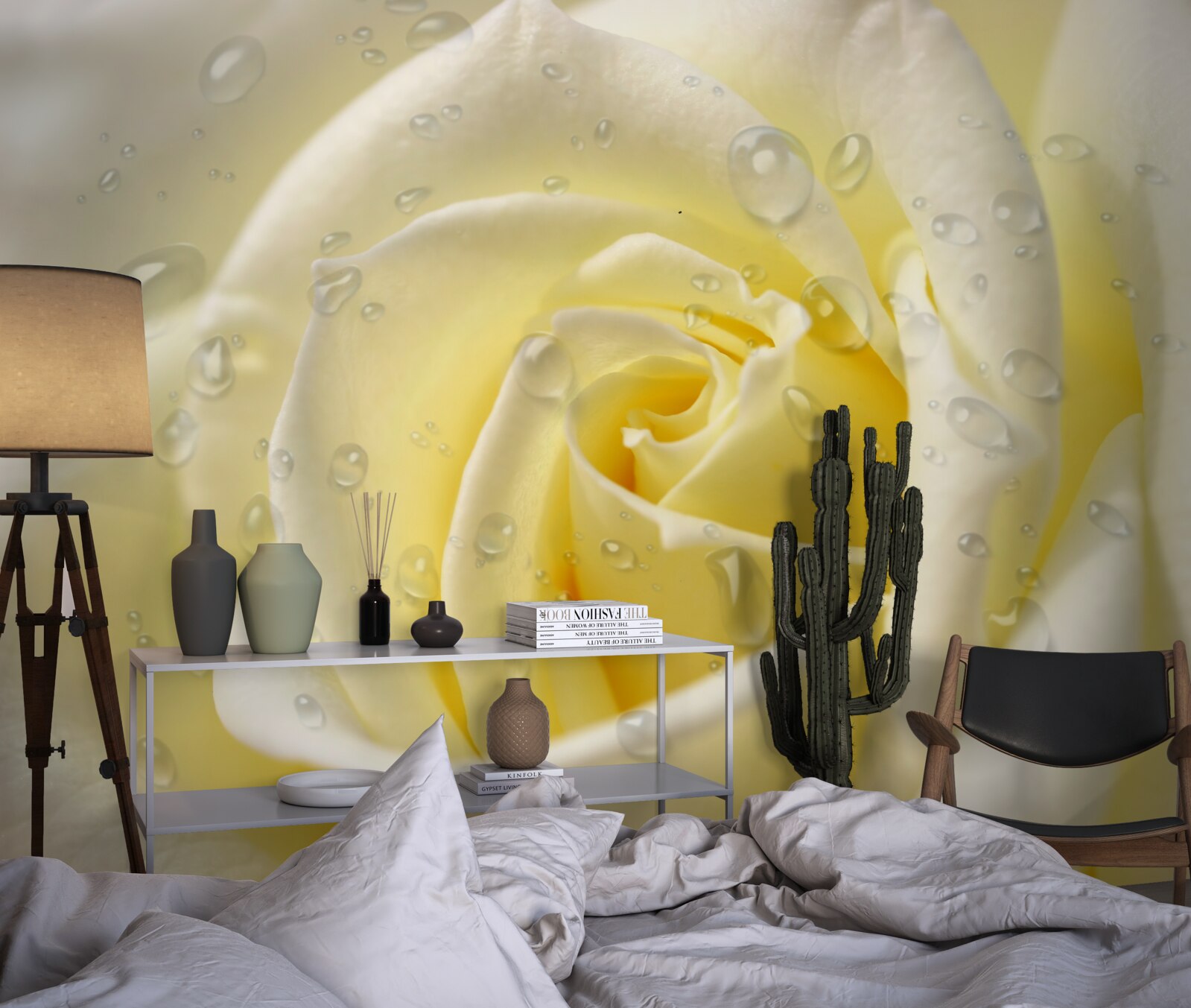 Fotobehang regendruppels op een gele roos