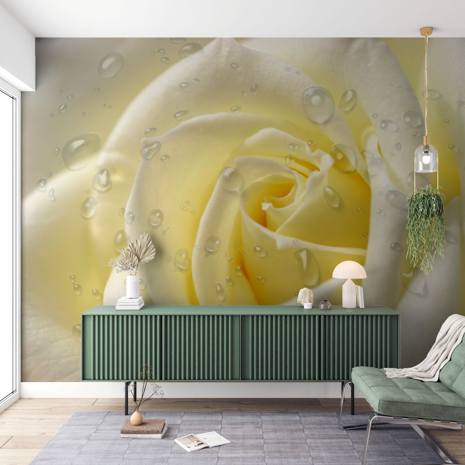 Fotobehang regendruppels op een gele roos