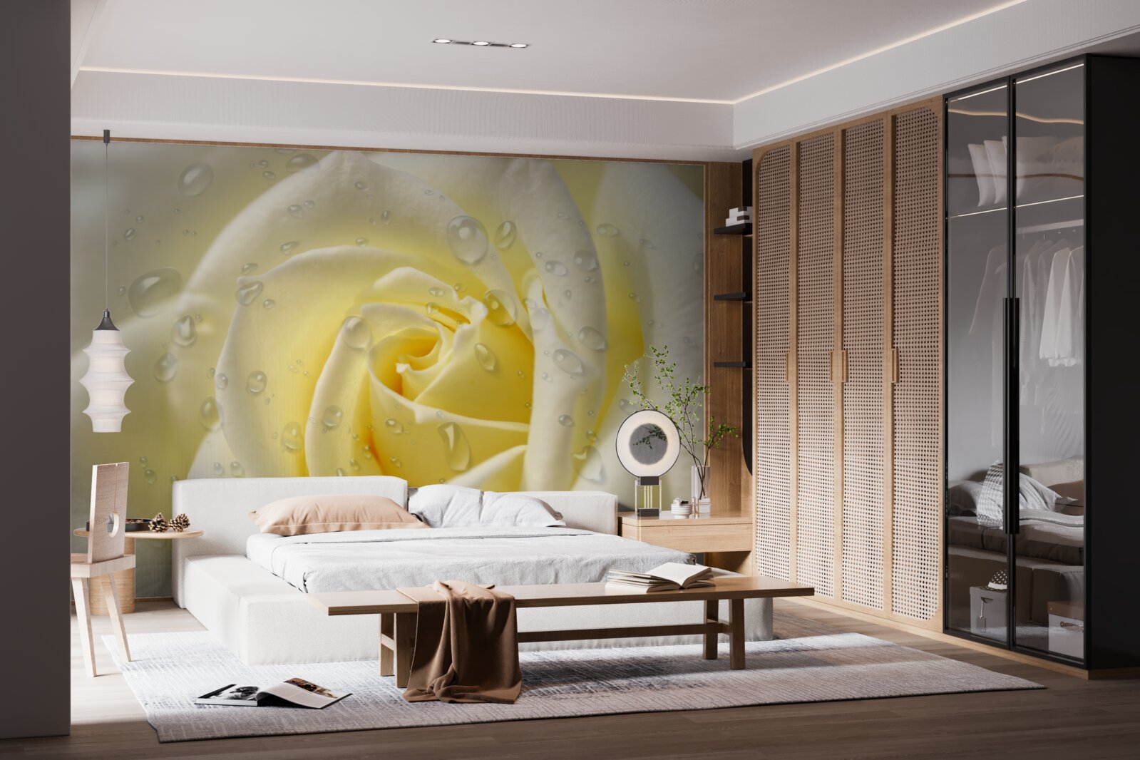 Fotobehang regendruppels op een gele roos