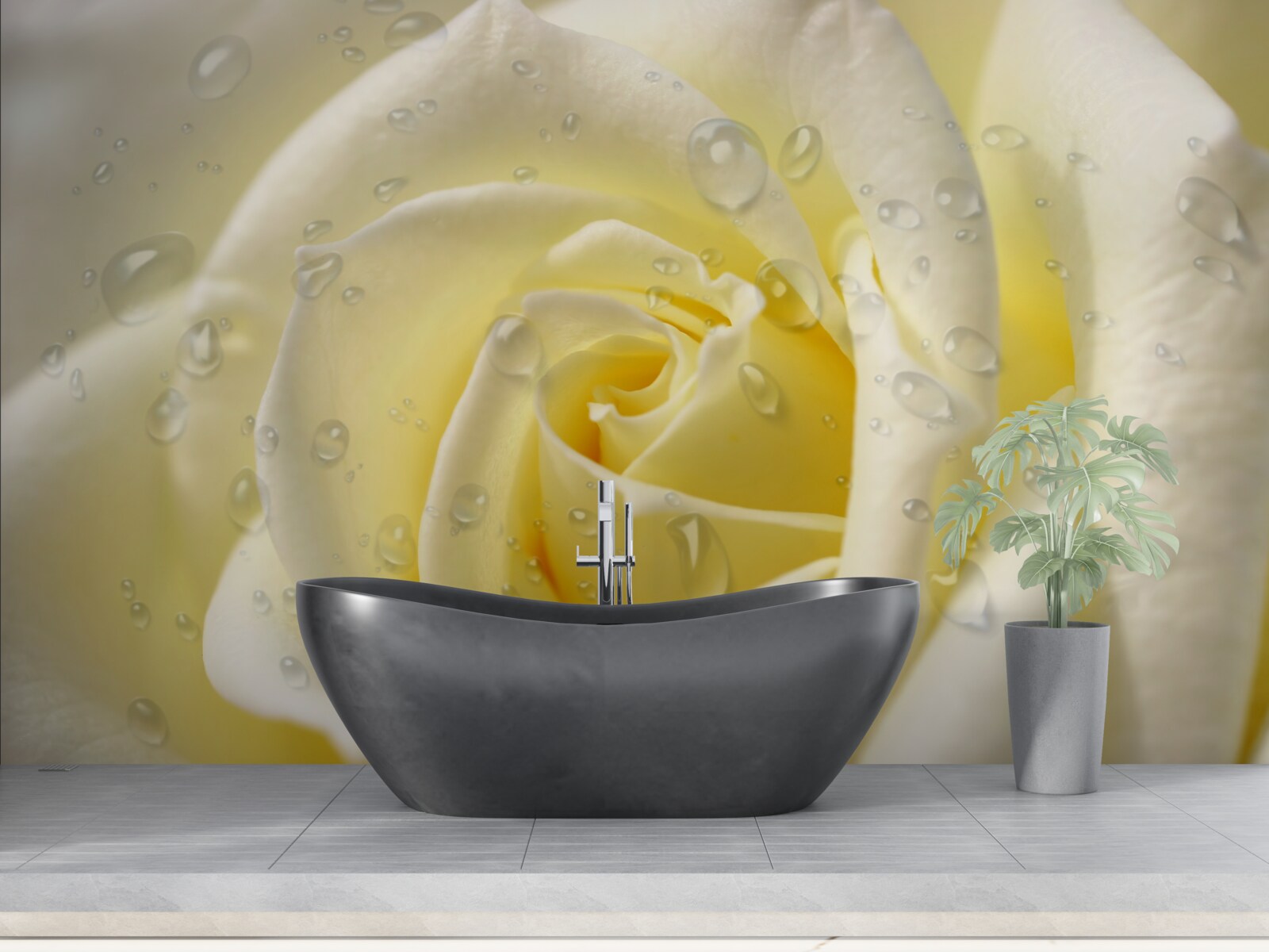 Fotobehang regendruppels op een gele roos
