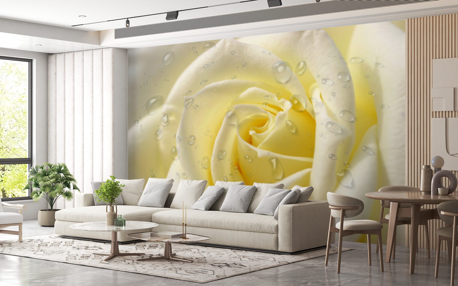 Fotobehang regendruppels op een gele roos
