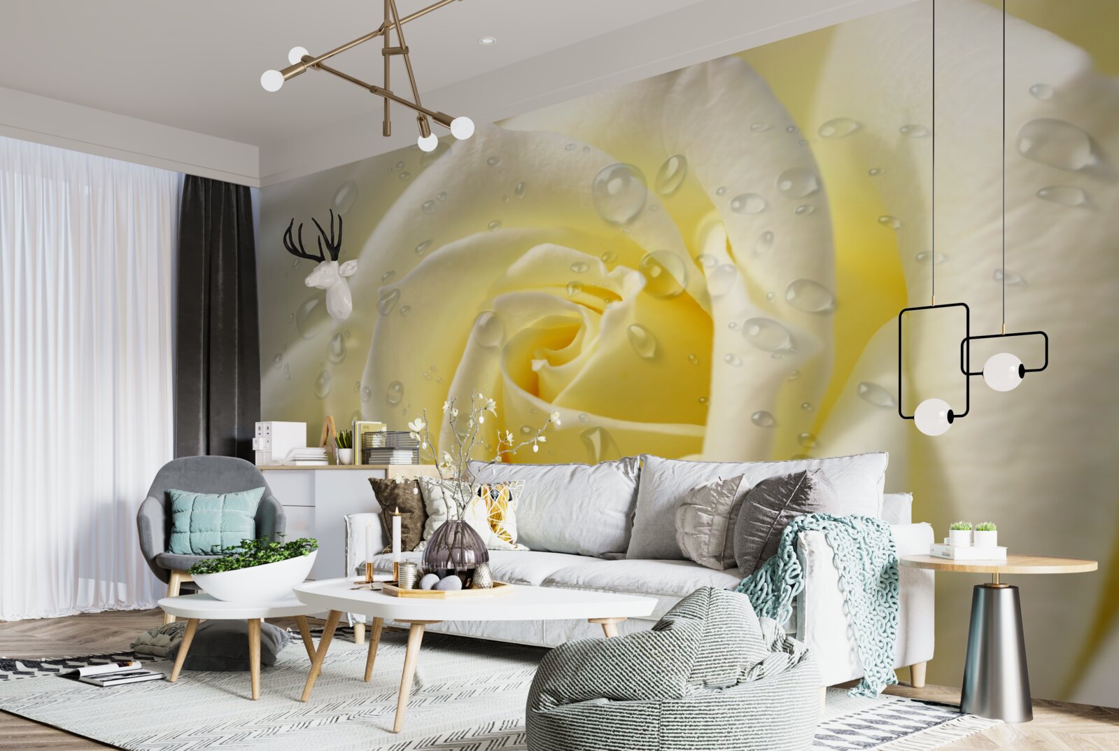 Fotobehang regendruppels op een gele roos