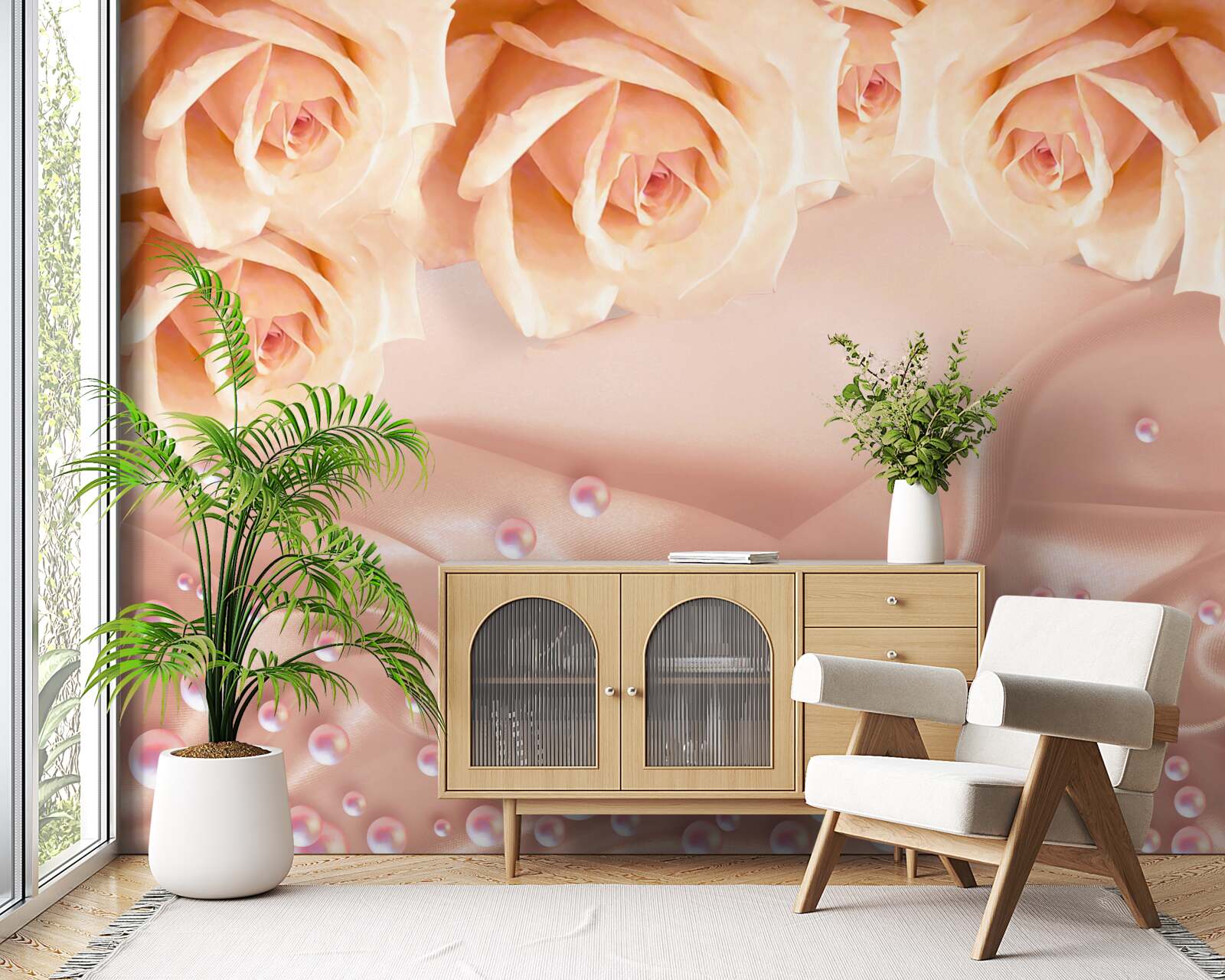 Fotobehang parels en oranje rozen