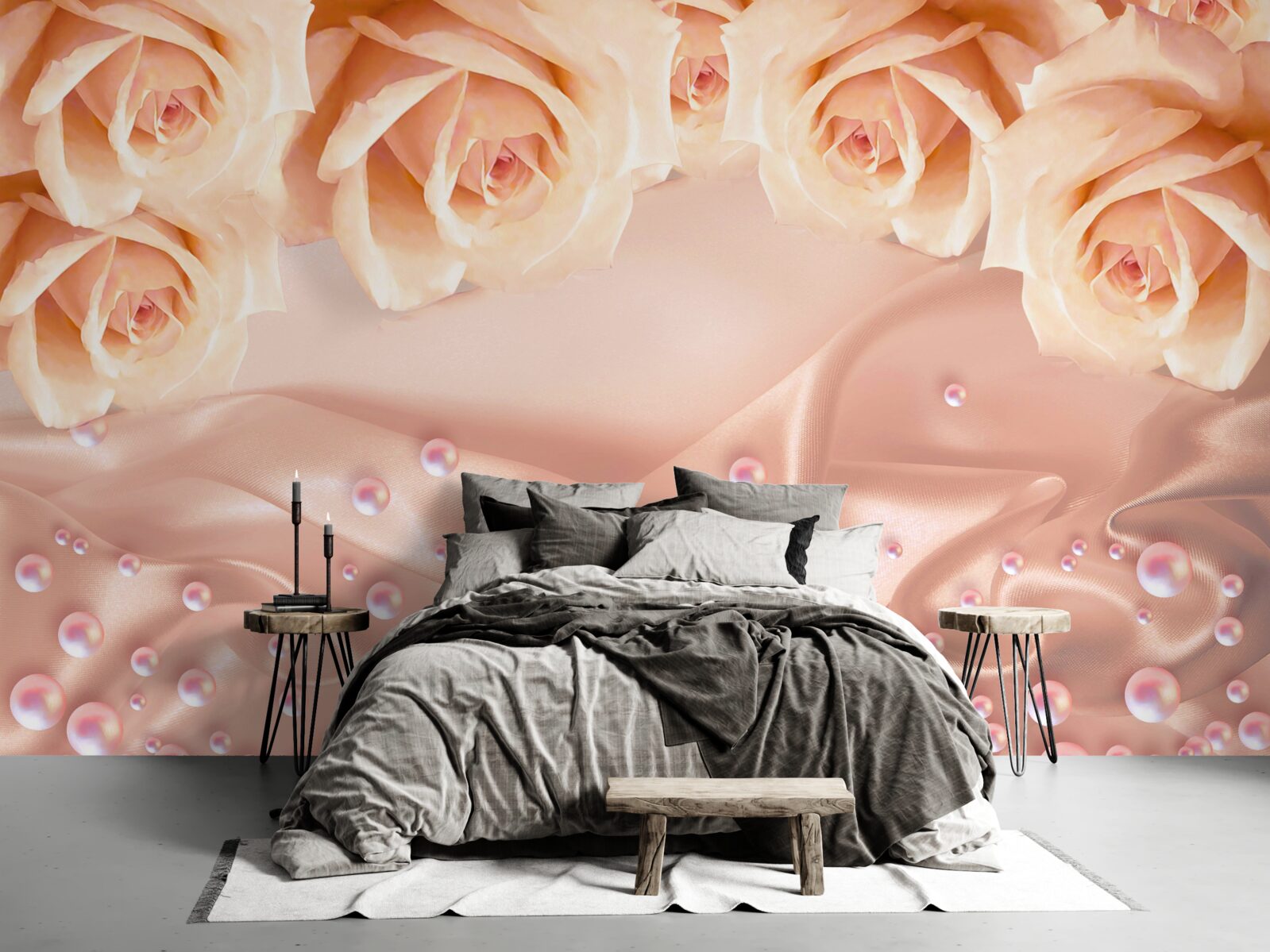 Fotobehang parels en oranje rozen