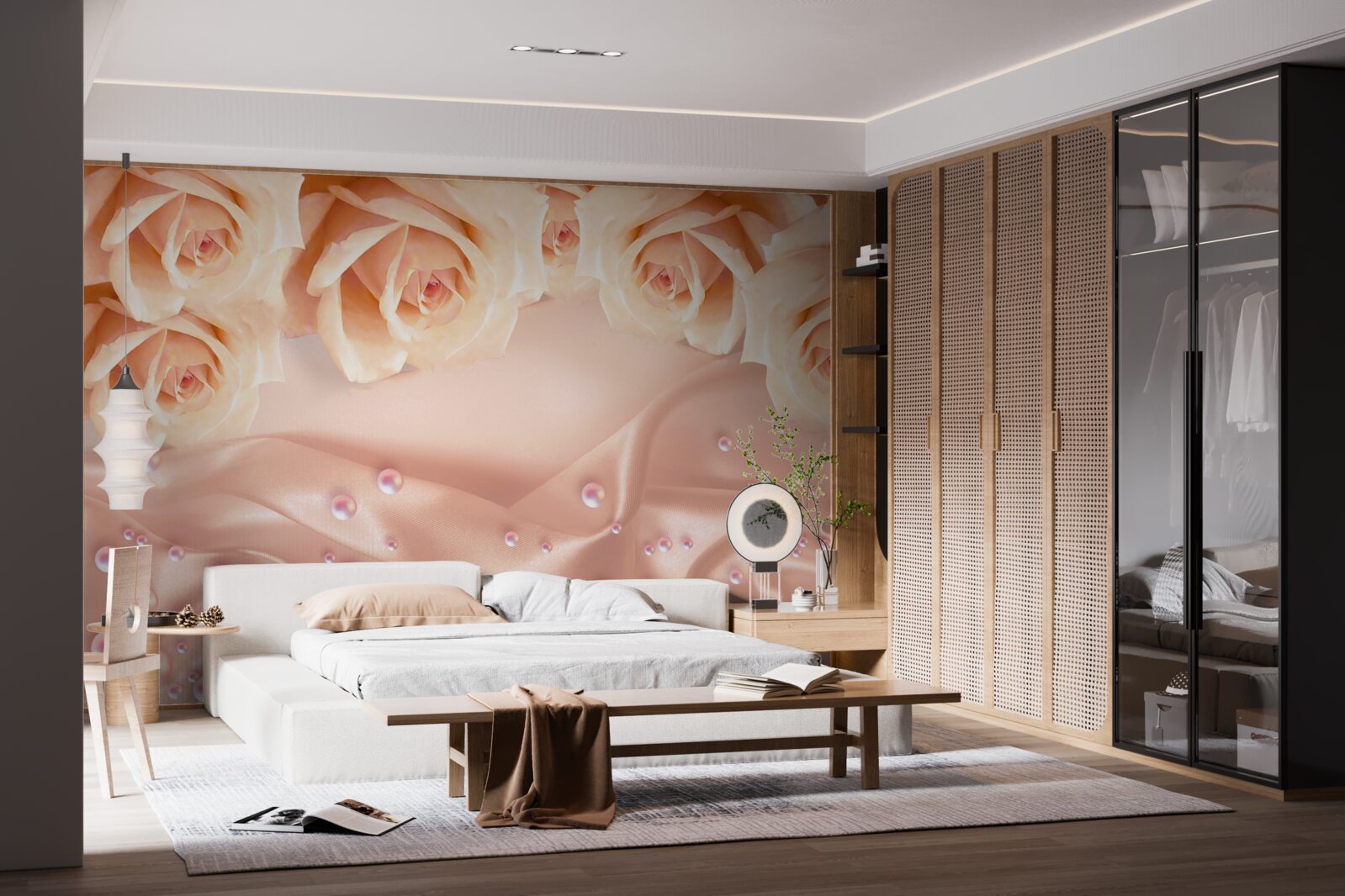 Fotobehang parels en oranje rozen