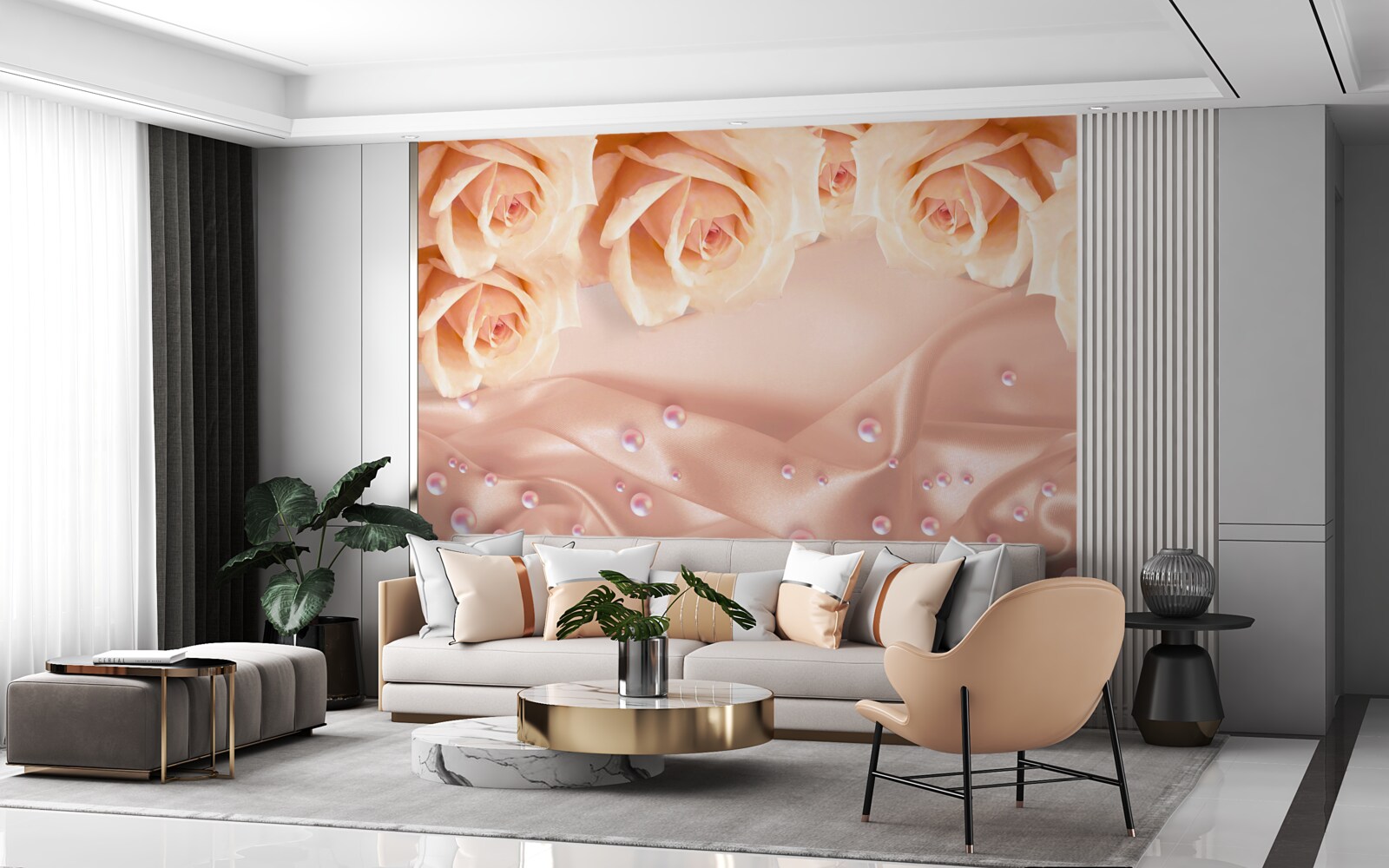 Fotobehang parels en oranje rozen