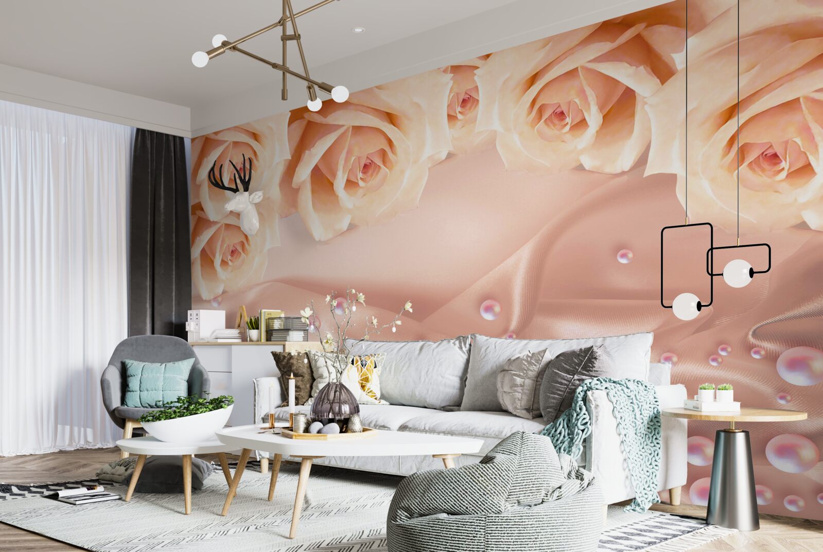 Fotobehang parels en oranje rozen