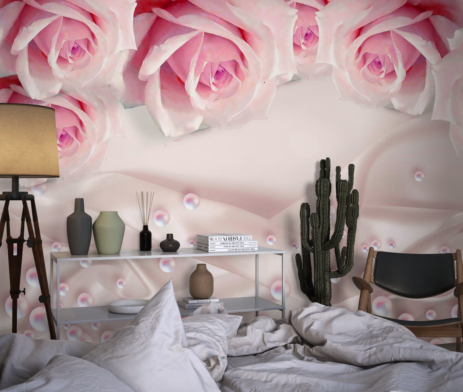 Fotobehang parels en roze bloemen