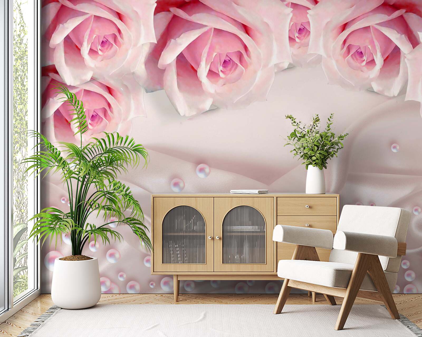 Fotobehang parels en roze bloemen