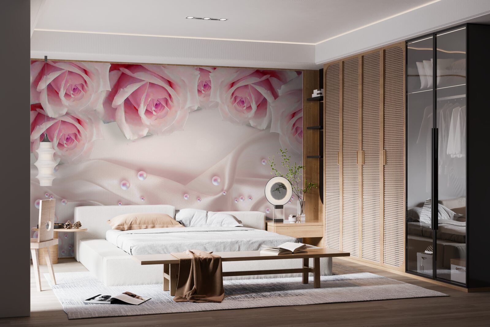 Fotobehang parels en roze bloemen