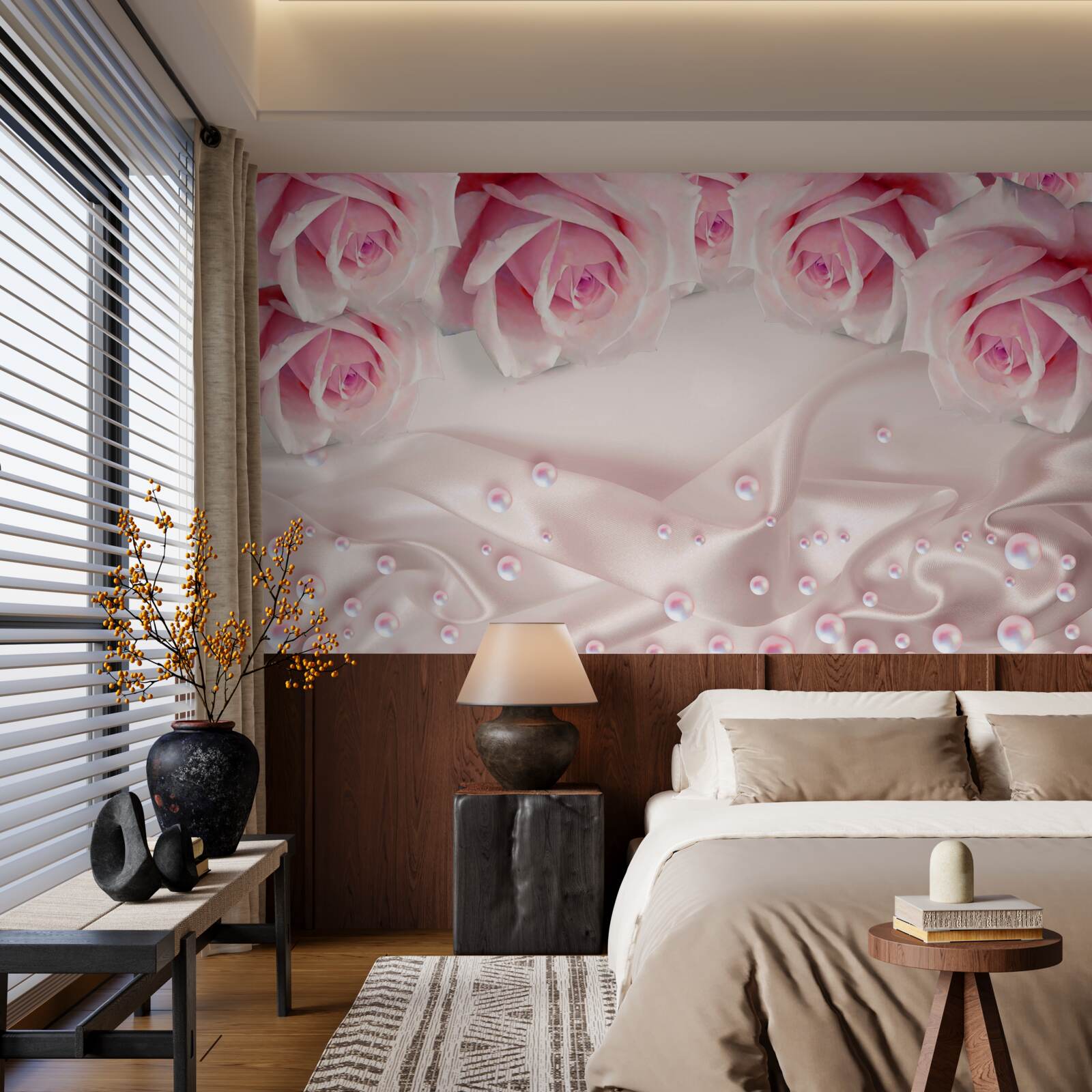 Fotobehang parels en roze bloemen