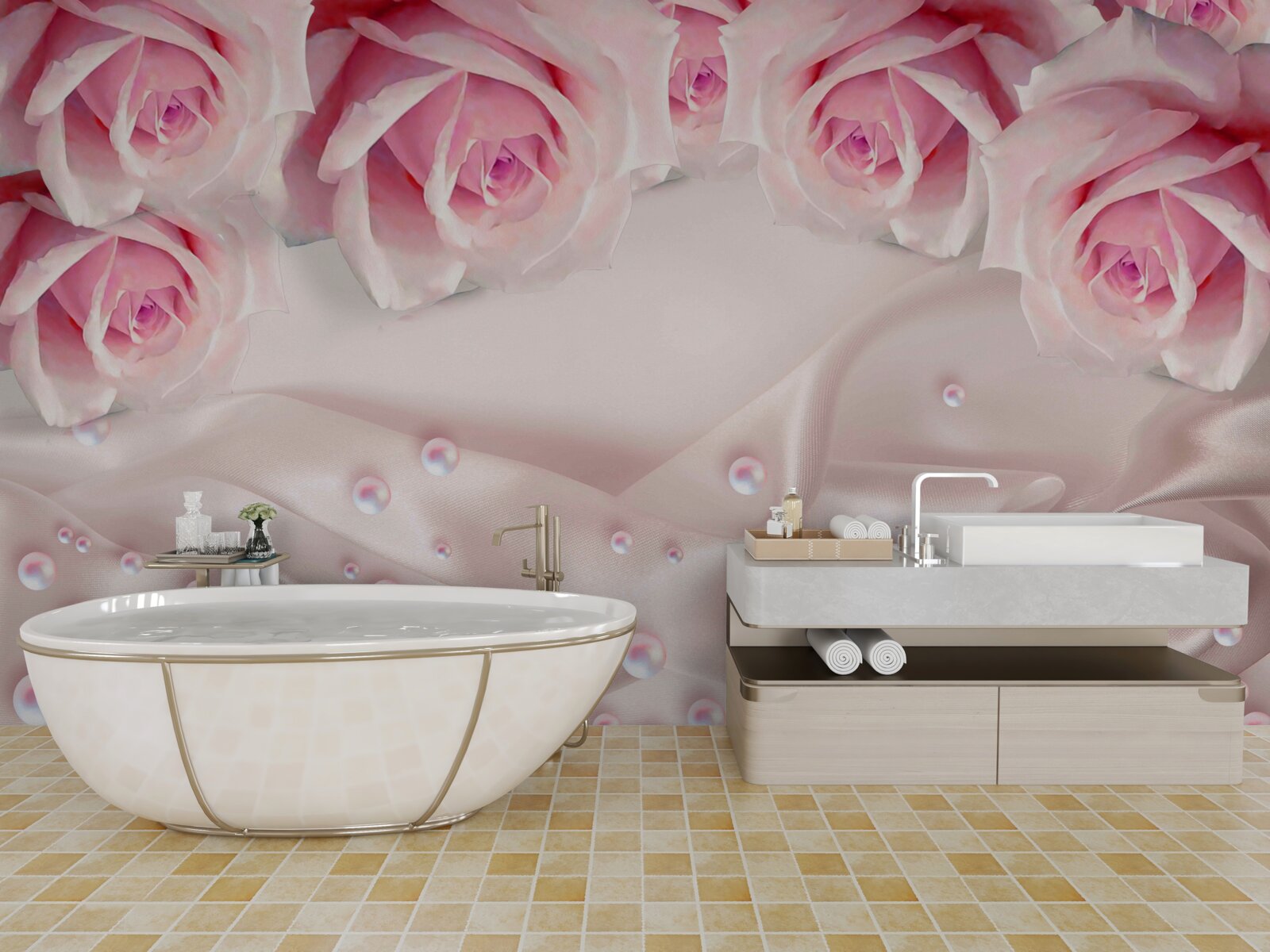 Fotobehang parels en roze bloemen