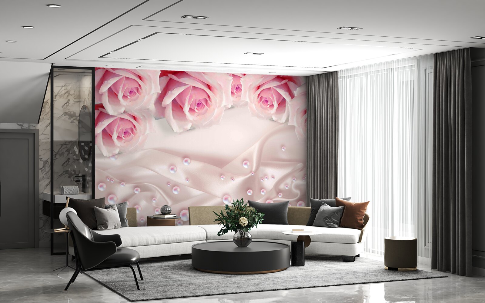 Fotobehang parels en roze bloemen