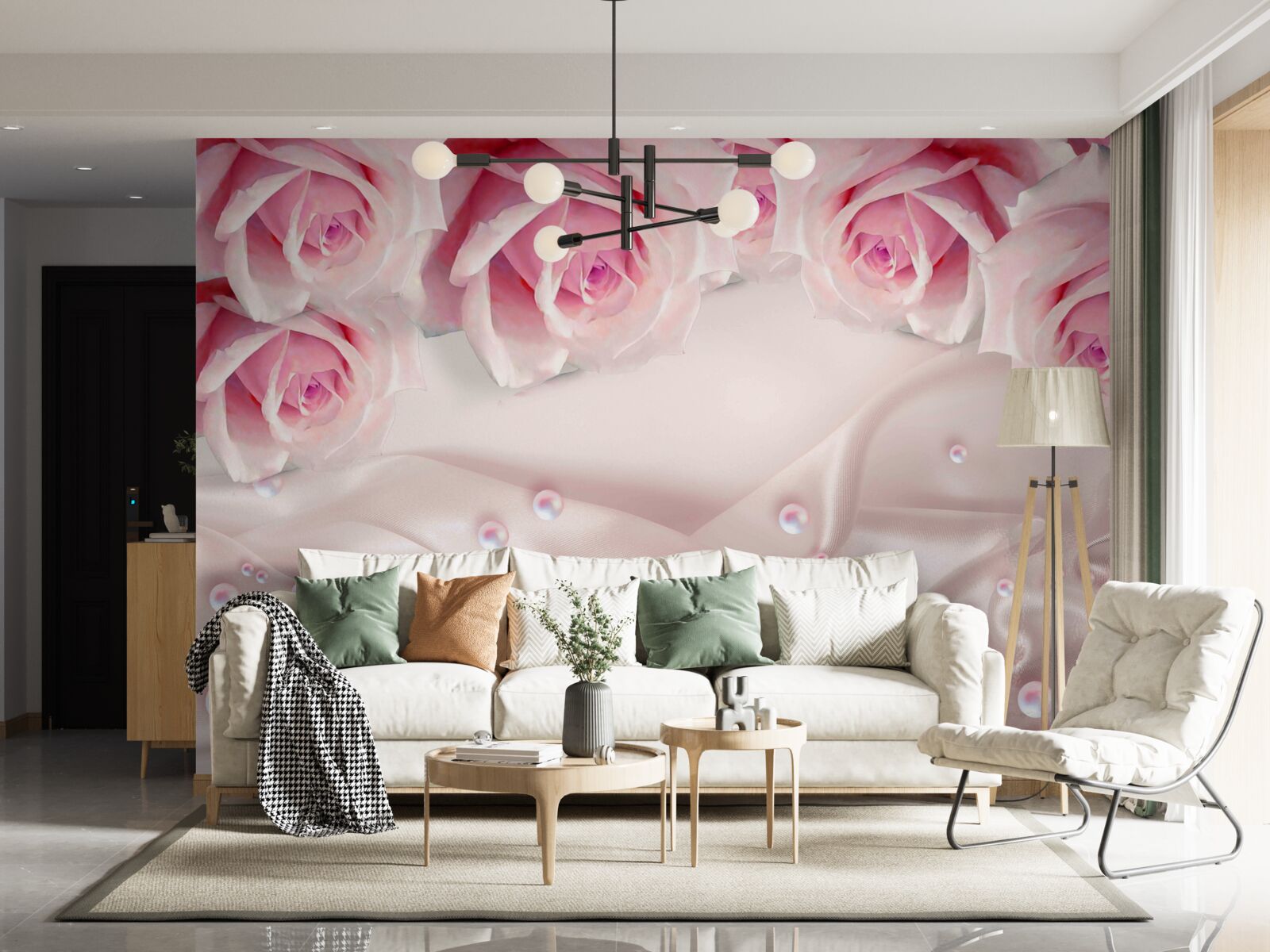 Fotobehang parels en roze bloemen