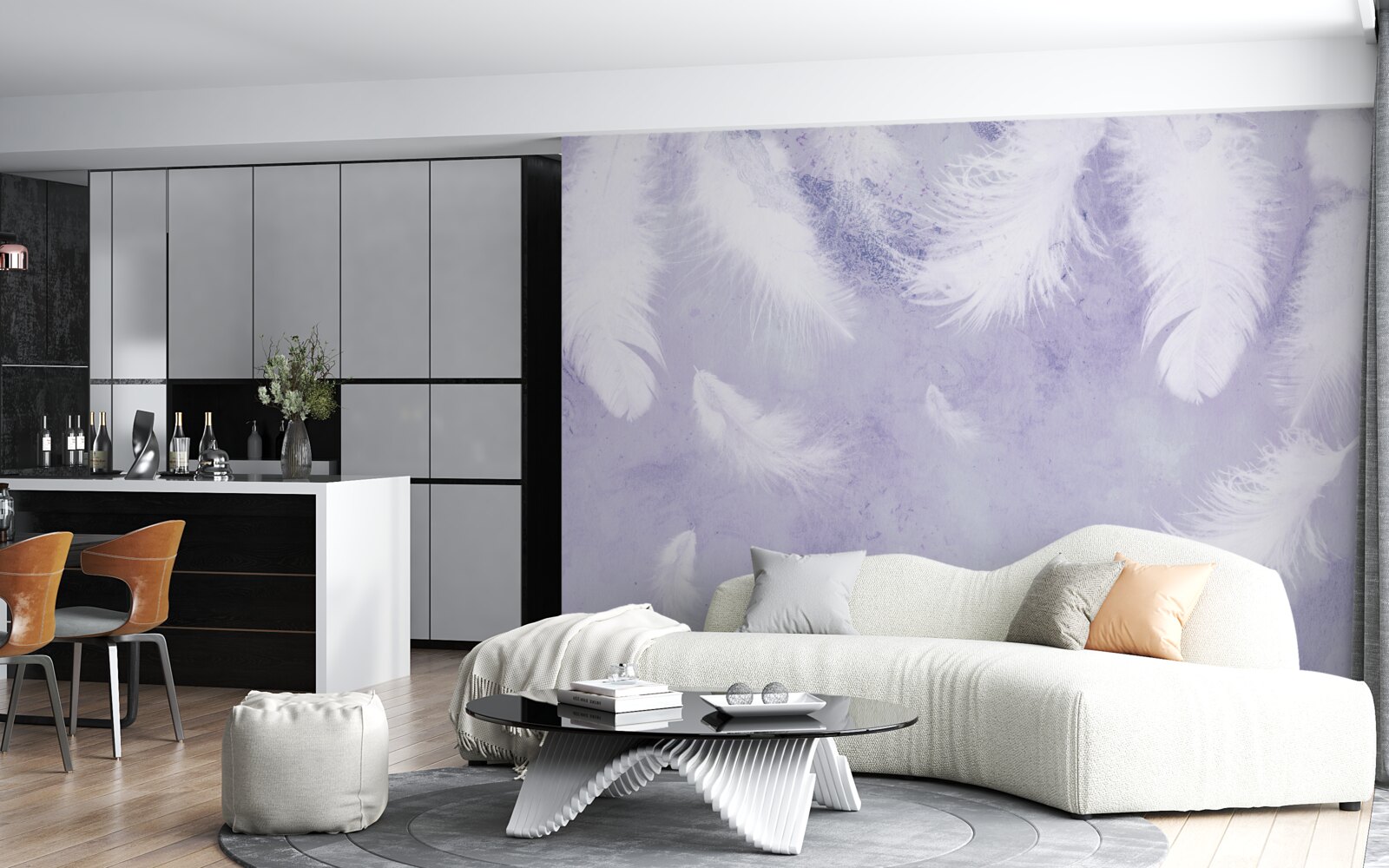 Fotobehang zwevende witte veren